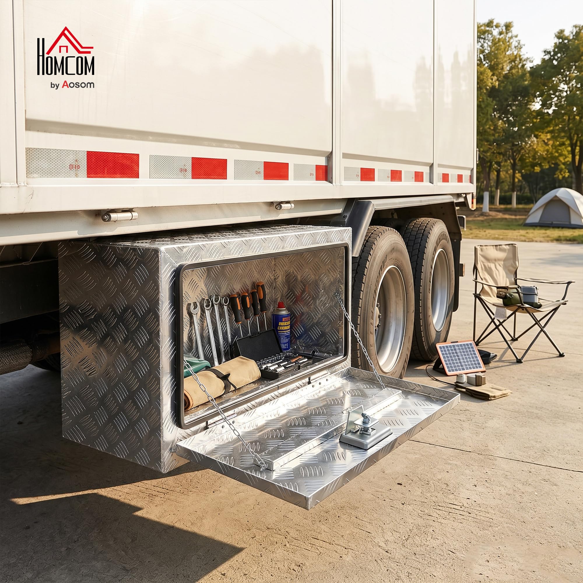 HOMCOM Caja de herramientas de aluminio con cerradura y 2 llaves, caja portaútiles de 96 litros, resistente e impermeable, caja portaobjetos para camionetas, caravanas y remolques, 76,2 x 35,5 x 40,6