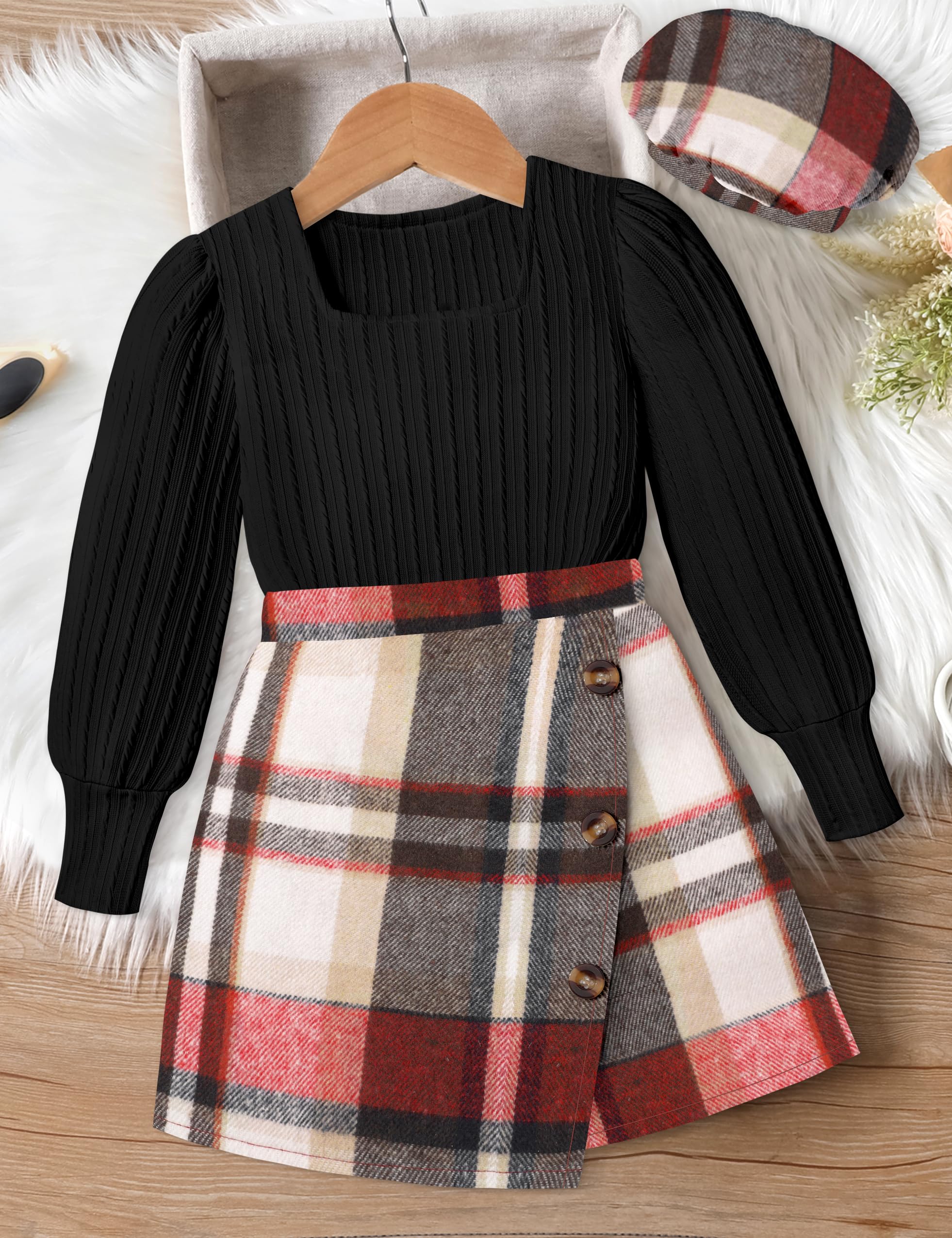 AGAPENG Conjunto de falda para niña, 3 piezas, cuello cuadrado, jacquard, manga abombada, a cuadros, minifalda, pantalones cortos, ropa de otoño e invierno