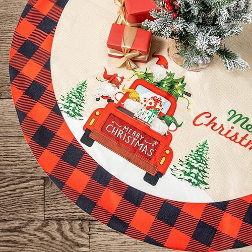 hogardeck Falda de árbol de Navidad de 48 pulgadas, falda de árbol rústico de arpillera con camión rojo y nieve blanca, adornos de árbol de Navidad