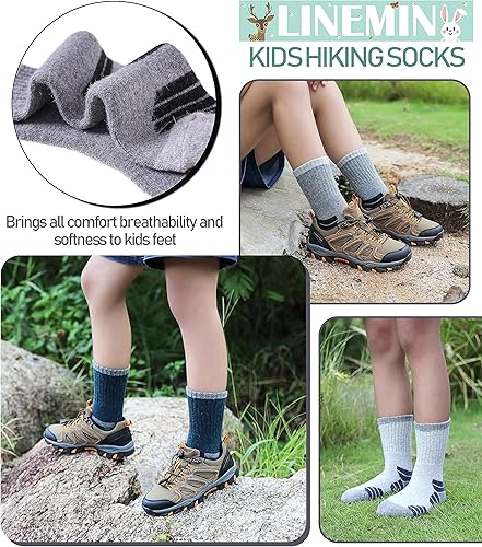 Miniatura 3 de LINEMIN Calcetines de senderismo de lana merino para niños y niñas, cálidos, gruesos, térmicos, acolchados, para invierno, 6 pares