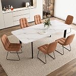 HIPIHOM Extendable Dining Table Set for 6-8 People, 63 to 78.7 Inch MDF Kitchen Table with 6 Upholstered Chairs, Space-Saving for Dining Room, Breakfast Nook(White Table & 6 White Chairs)