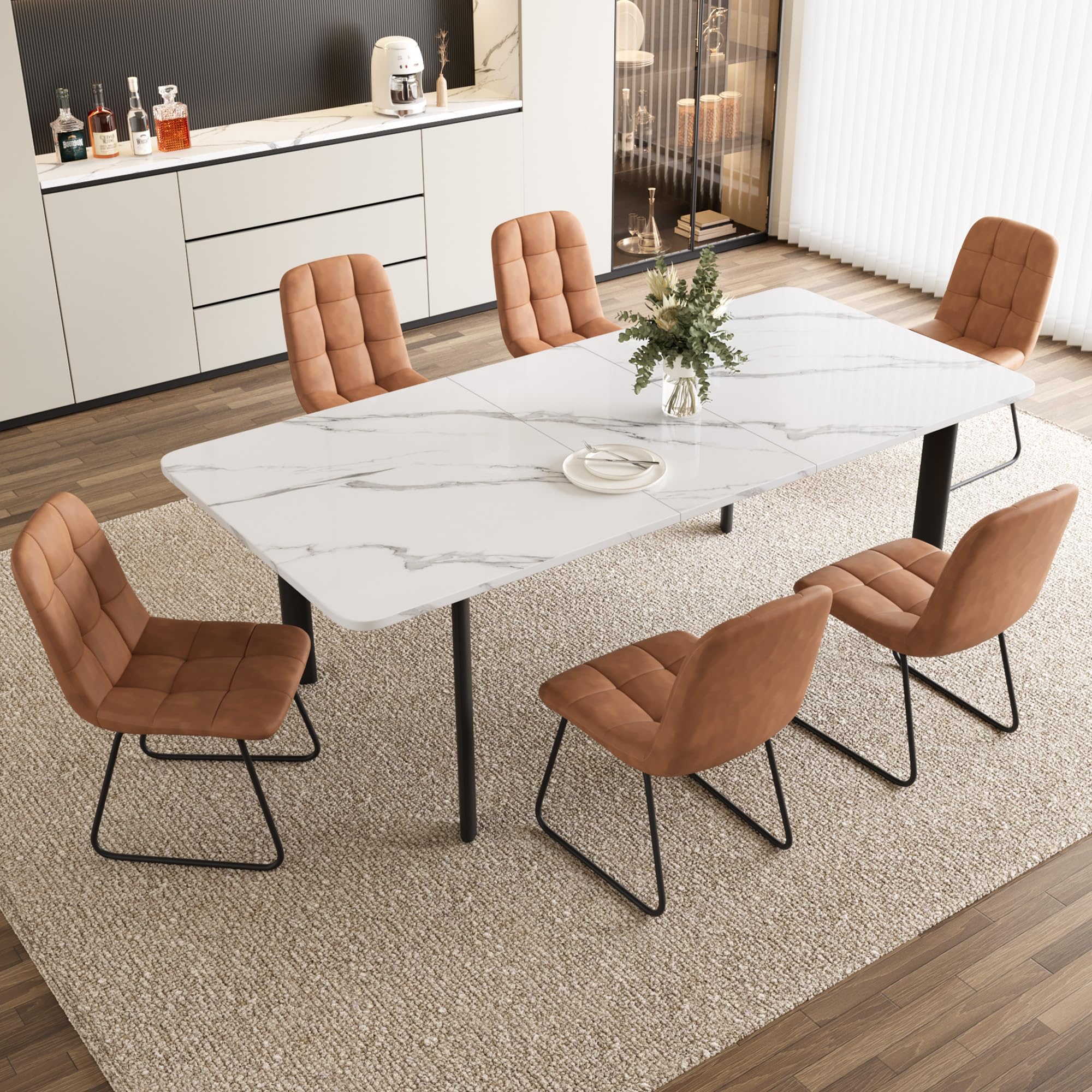 Extendable Dining Table Set for 6-8 People, 63 to 78.7 Inch MDF Kitchen Table with 6 Upholstered Chairs, Space-Saving for Dining Room, Breakfast Nook (White Table & 6 Brown U-Shaped Chairs)
