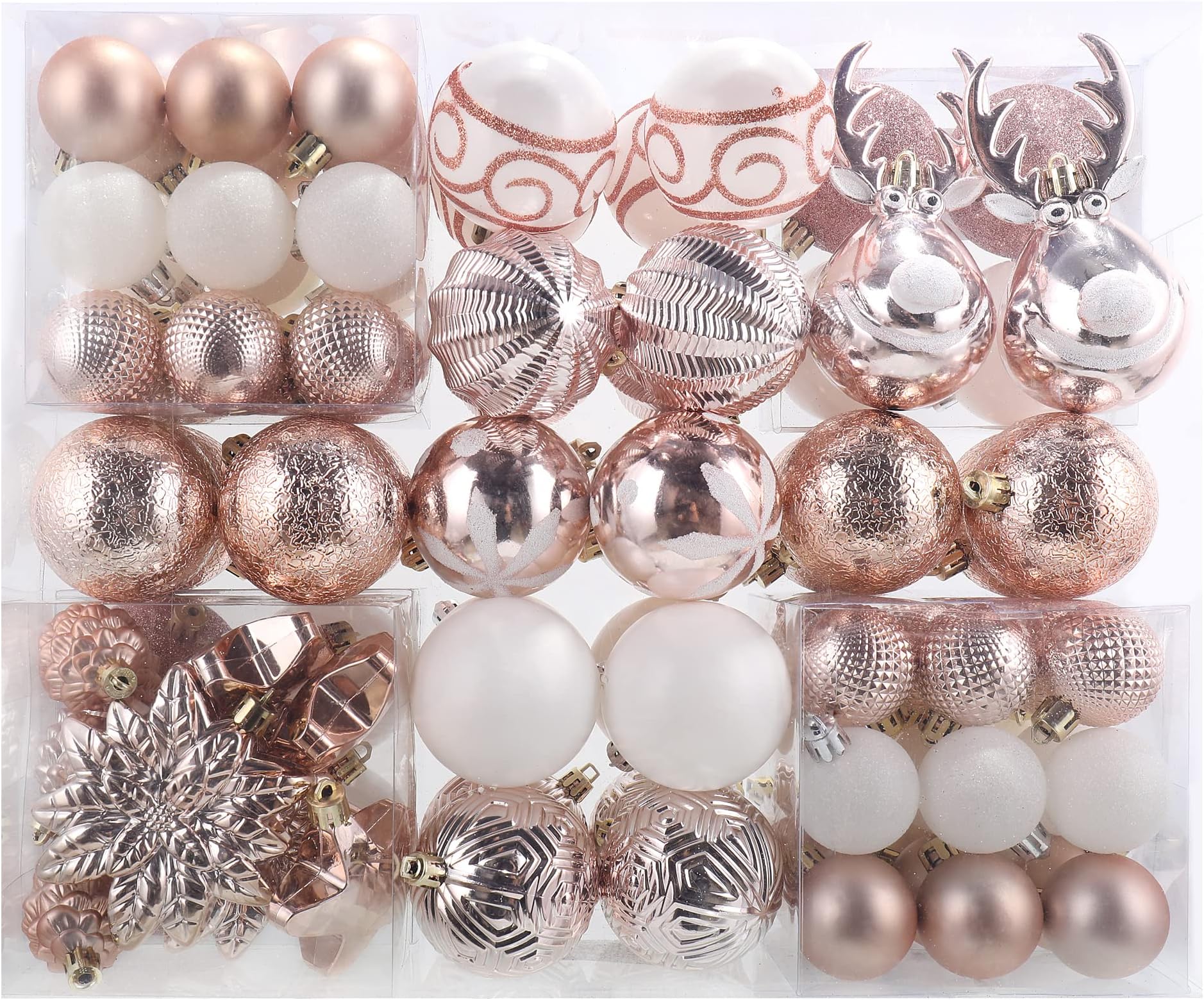 MOWARM 100-Pack Various Shatterproof Christmas Balls， Christmas Decorative Ball Ornaments with Gift Package for Xmas Tree- Rose Gold