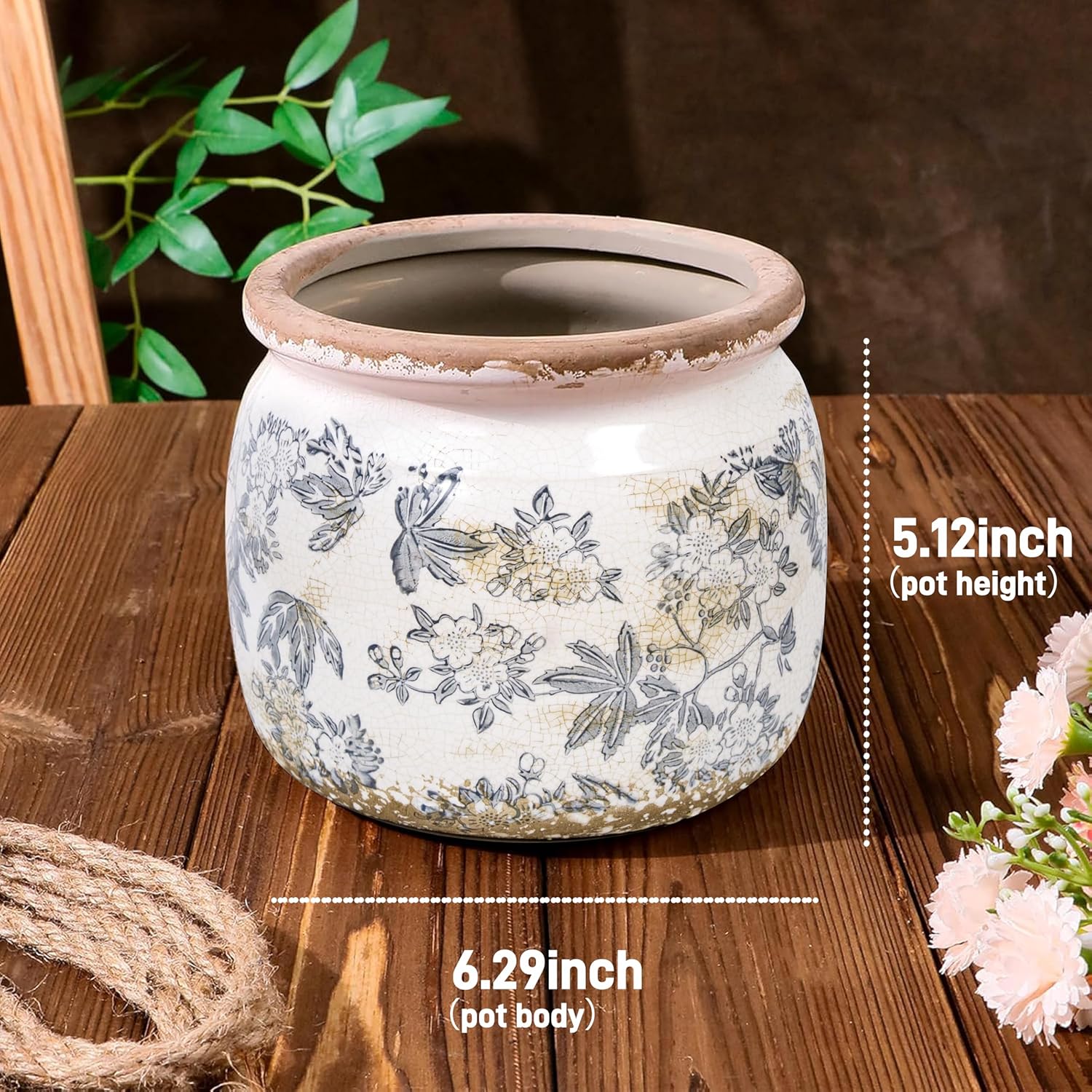 Dosayes Vintage Ceramic Ice Crack Flower Pot with Drainage Holes, Country Rustic Planters for Indoor and Outdoor,Tuscan Decor,Home,Living Room, Garden Decor, Gardening Gift (Farmhouse)