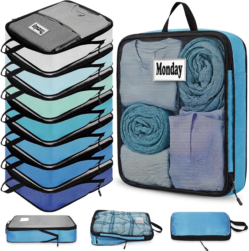 Bulyoou 7 Pcs Packing Cubes for Travel Days of Week, Blue, L | Compression Packing Cube with Labels Luggage Organizers Storage Bag