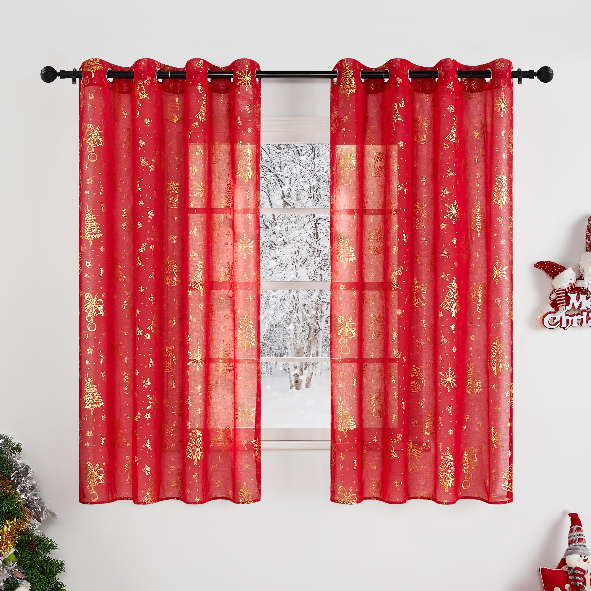 KGORGE Cortinas Cortas para Ventanas, Cortinas y Visillos Translucidos Suaves Estampdas Navideños con Ojales 2 Piezas para Cocina/Salon/Comedor,140x160cm,Rojo Global Recycled Standard OEKO-TEX STANDARD 100 Global Recycled Standard Global Recycled Standard