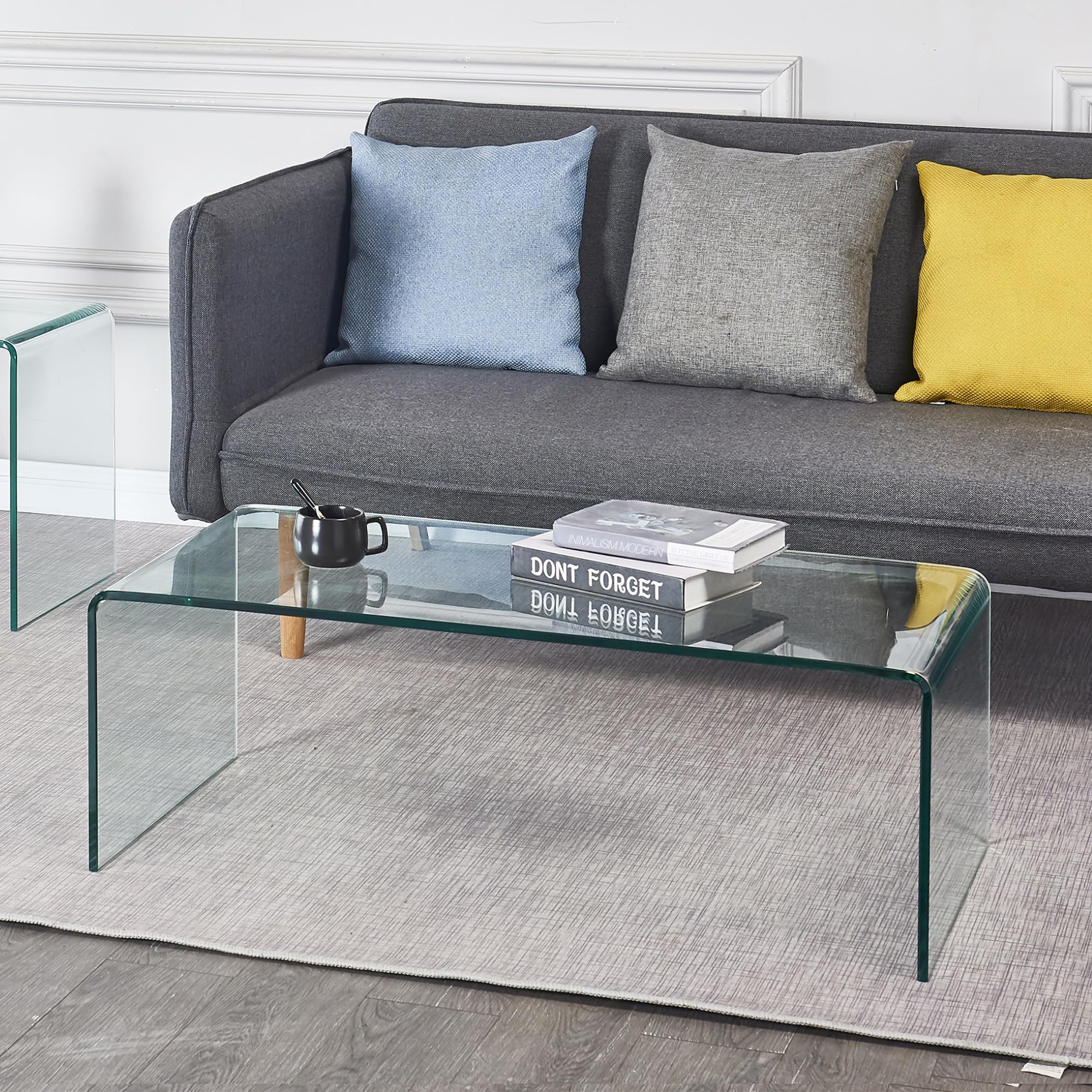 Clear Glass Coffee Table, Big Modern Coffee Tables for Living Room, Waterfall Tempered Glass Sofa End Table, Easy to Clean Save Living Space (Clear 43.3")