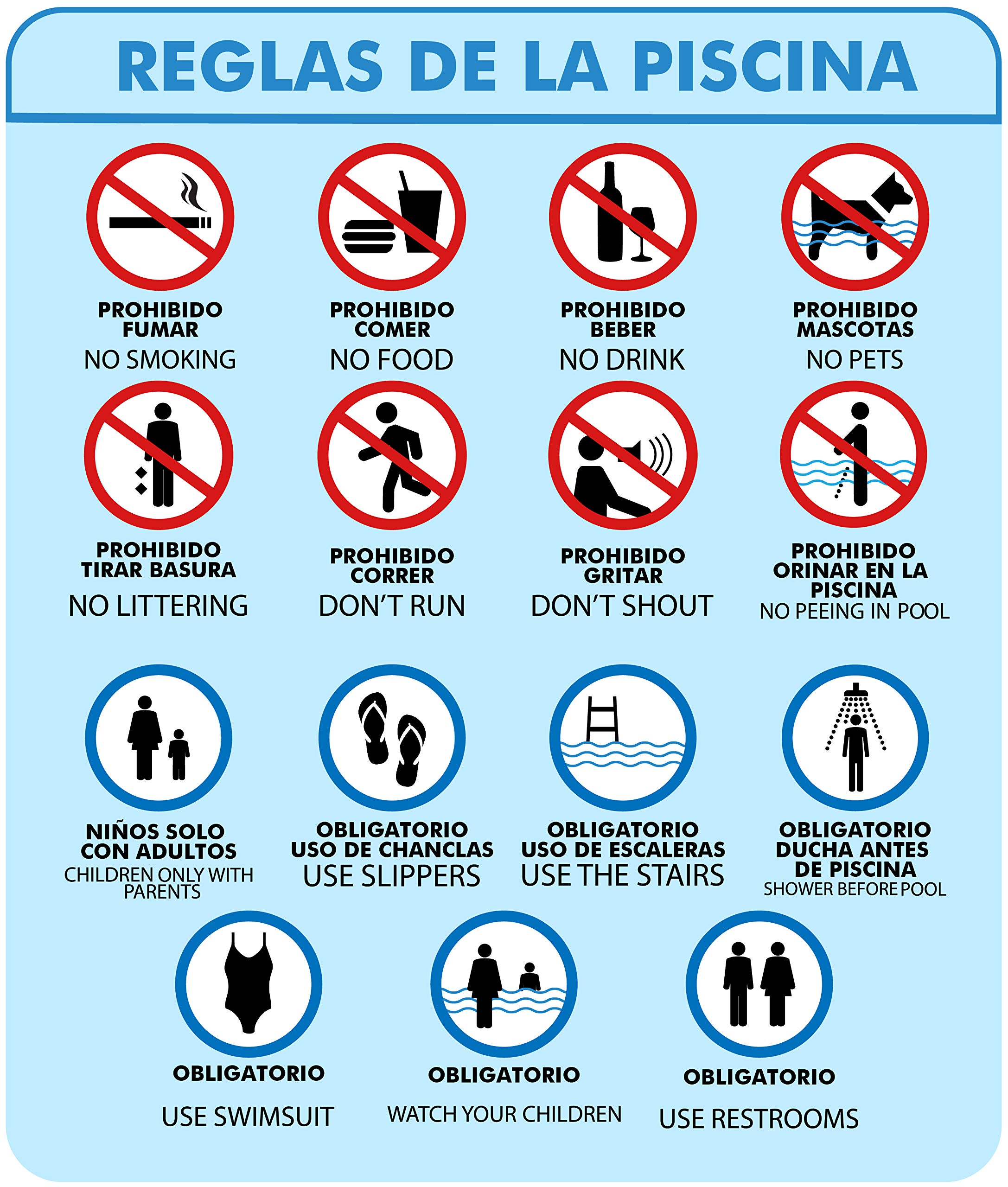 Señal de Reglas de la Piscina | Medida 50x59cm | Señaletica en Material Aluminio Blanco Resistente de 3mm | Duradera y Económica
