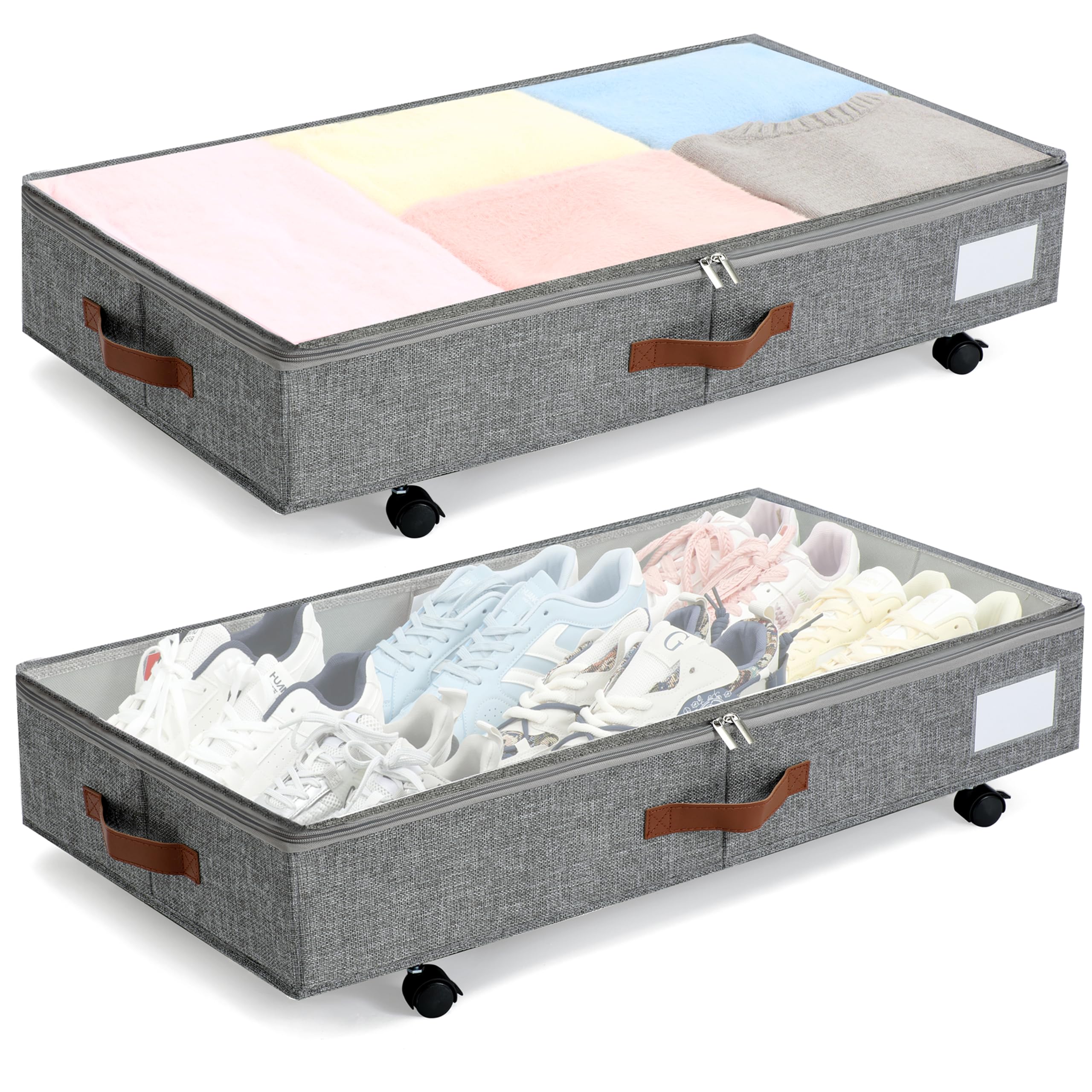 KitHero Under Bed Storage with Wheels Set of 2 Packs, Large Underbed Storage Containers with Clear Lid, Wheeled Under Bed Drawers for Blankets, Clothes, Shoe, Bedding Grey