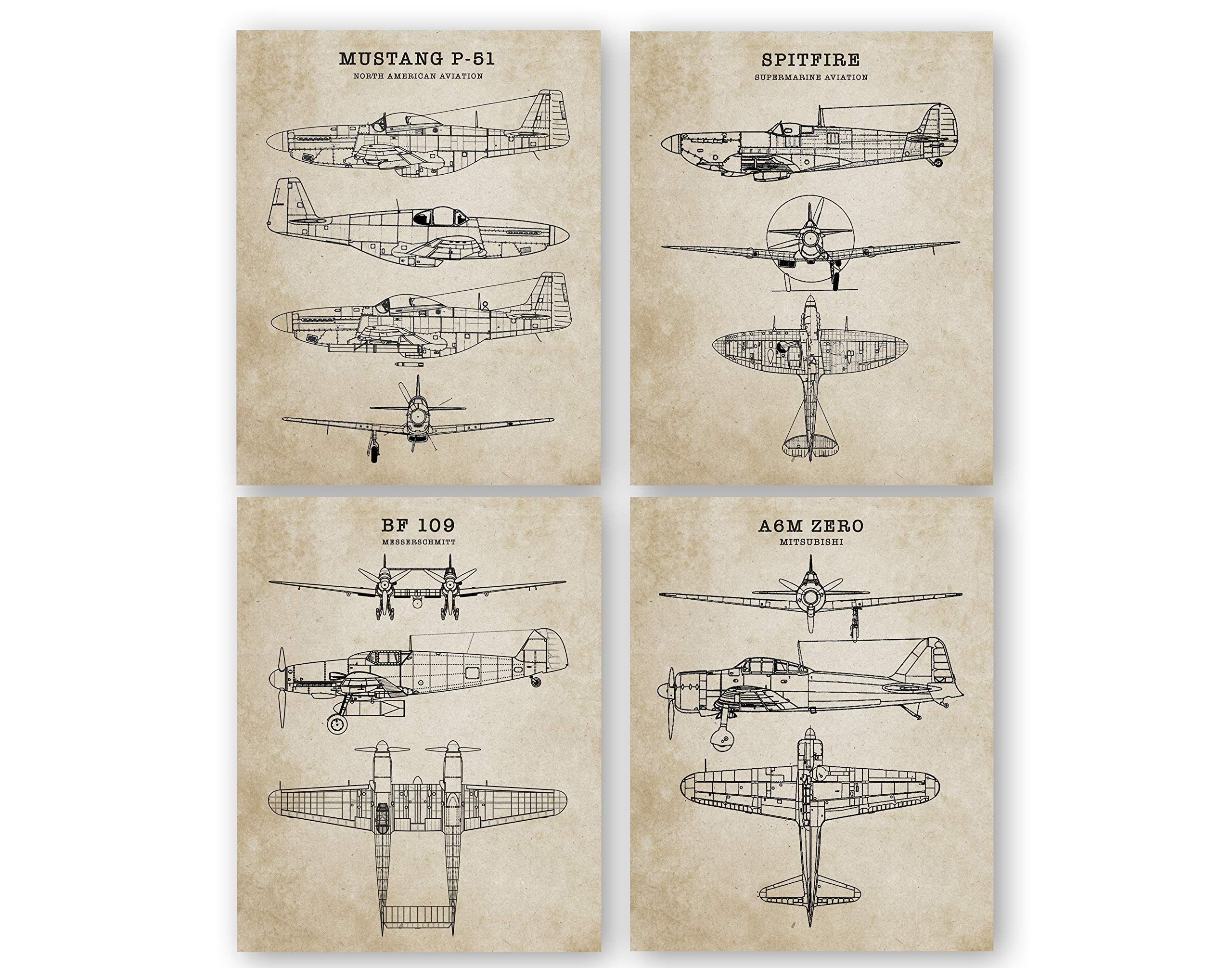 DESERT MERCANTILEWorld War 2 Fighter Plane Wall Art Prints - Set of 4-8x10 UNFRAMED US Military WW2 Themed Pictures. Vintage Blueprint Style and Appearance.