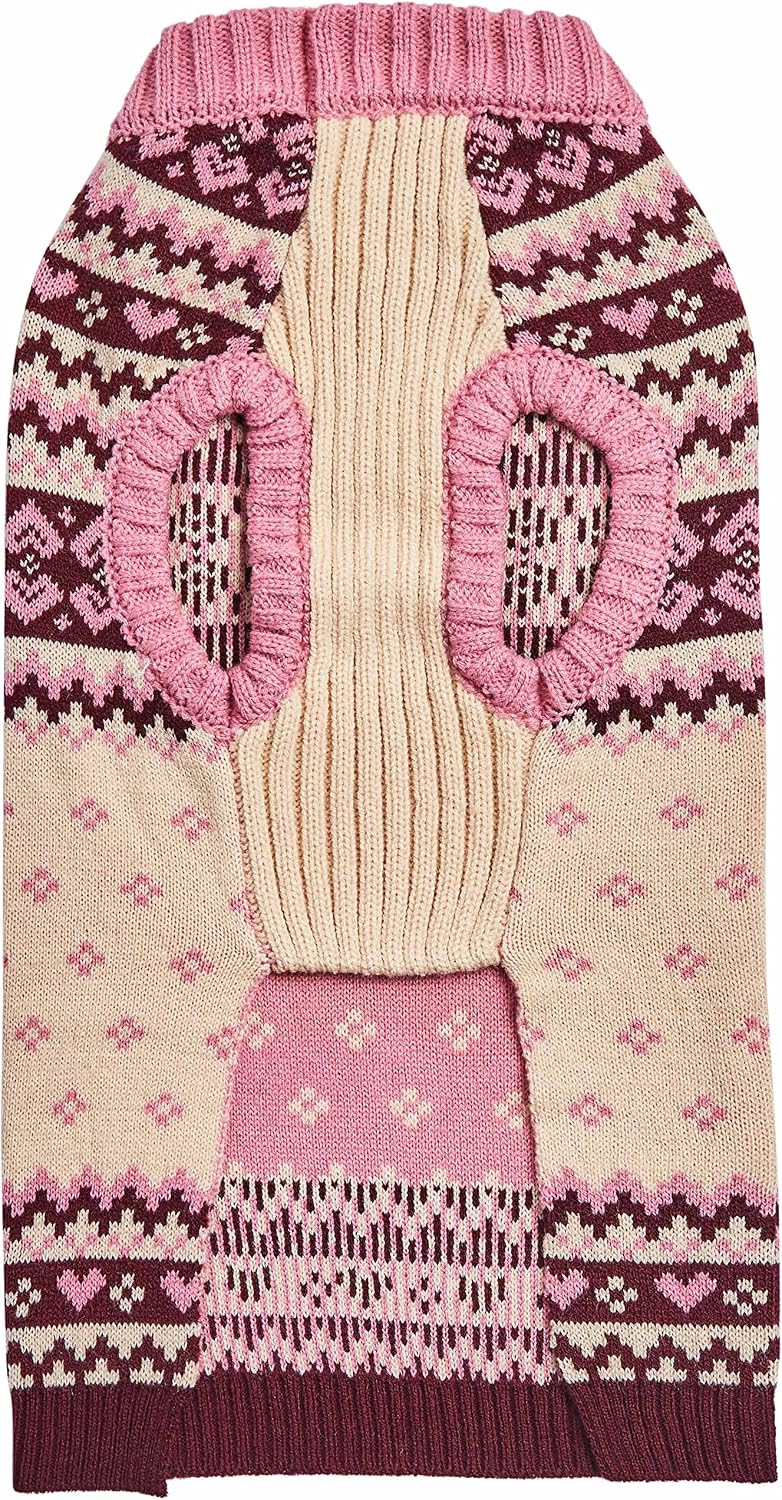 Blueberry Pet Heart Designer Chic Turtleneck Fair Isle Fall Winter Pullover Dog Sweater in Pink, Back Length 18", Warm Clothes for Large Dogs