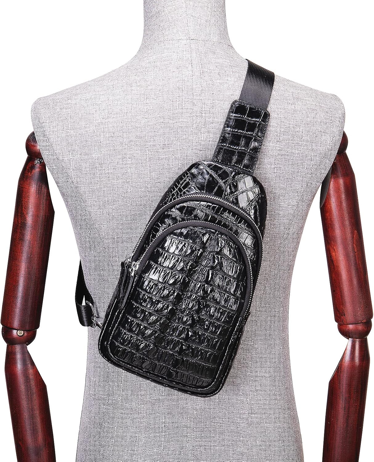 Crocodile Leather Sling Bag, Cool Man Bags One Shoulder Backpack for Men and Women Black