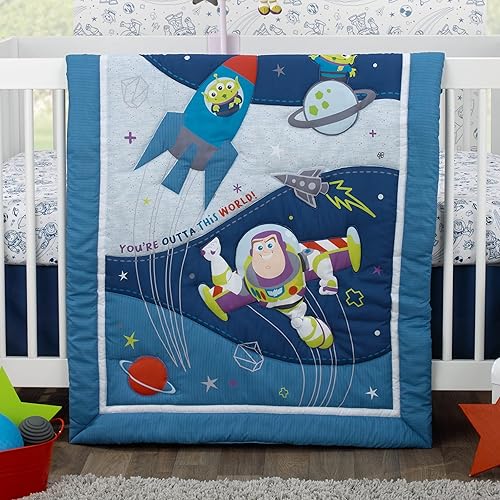 Miniatura 8 de NOJO Disney Toy Story Outta This World Buzz Lightyear - Juego de ropa de cama de 4 piezas para cuna, edredón, sábana bajera para cuna, funda para