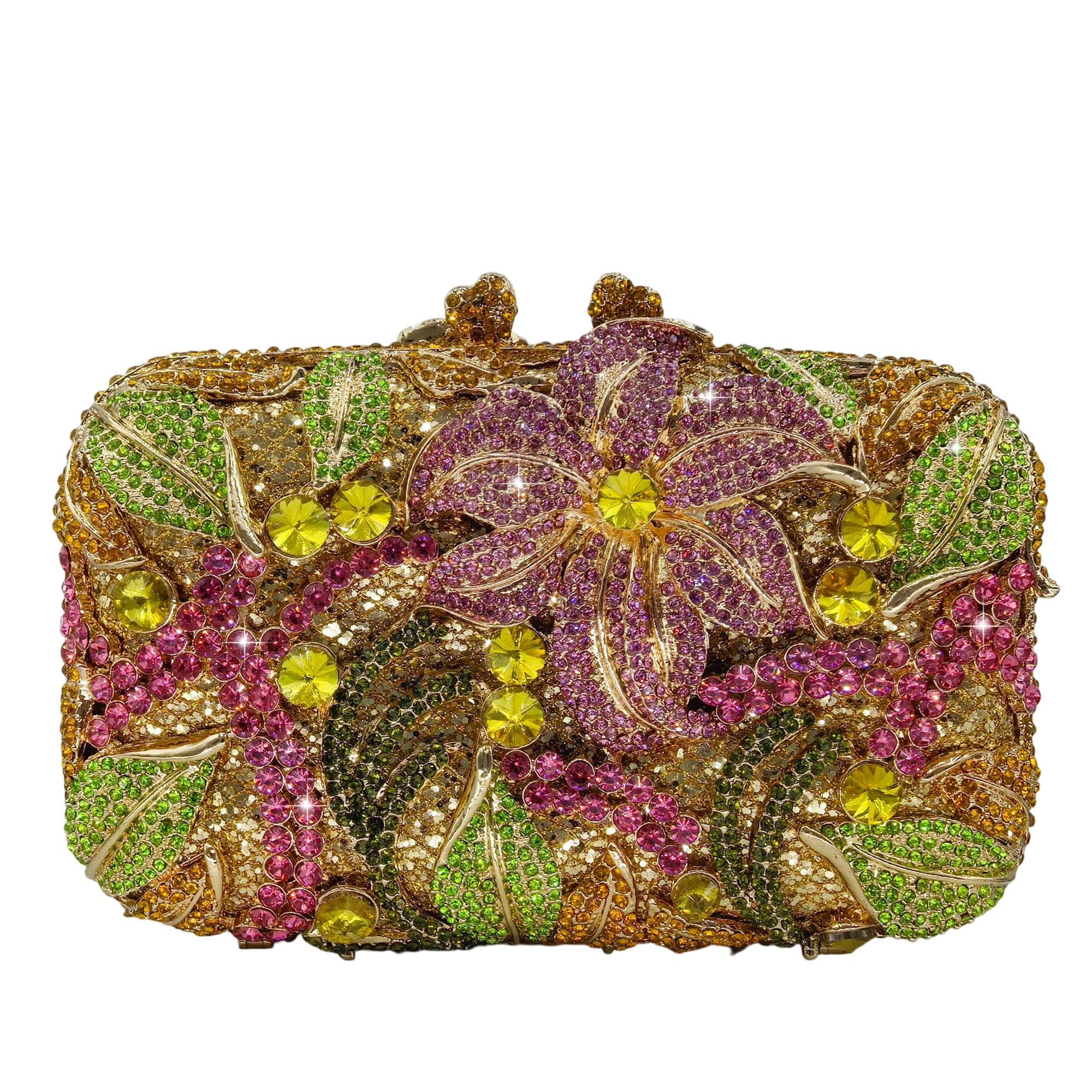 Boutique De FGG Pochette con mini fiore con strass, non adatta al telefono, borsa da sera in cristallo pesante, custodia rigida floreale