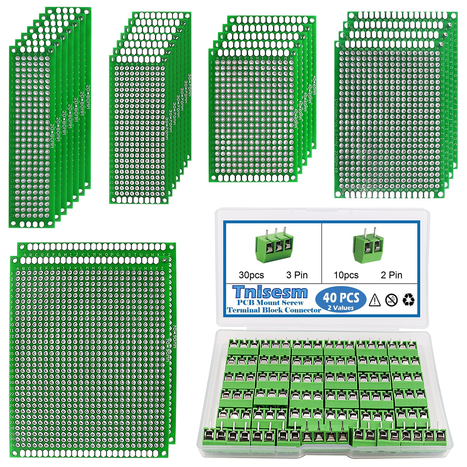 Tnisesm 72Pcs 5 Vaules Double Sided PCB Board Prototype Kits,40Pcs 2 Pin & 3 Pin 5mm/0.2inch Pitch PCB Mount Screw Terminal Block Connector