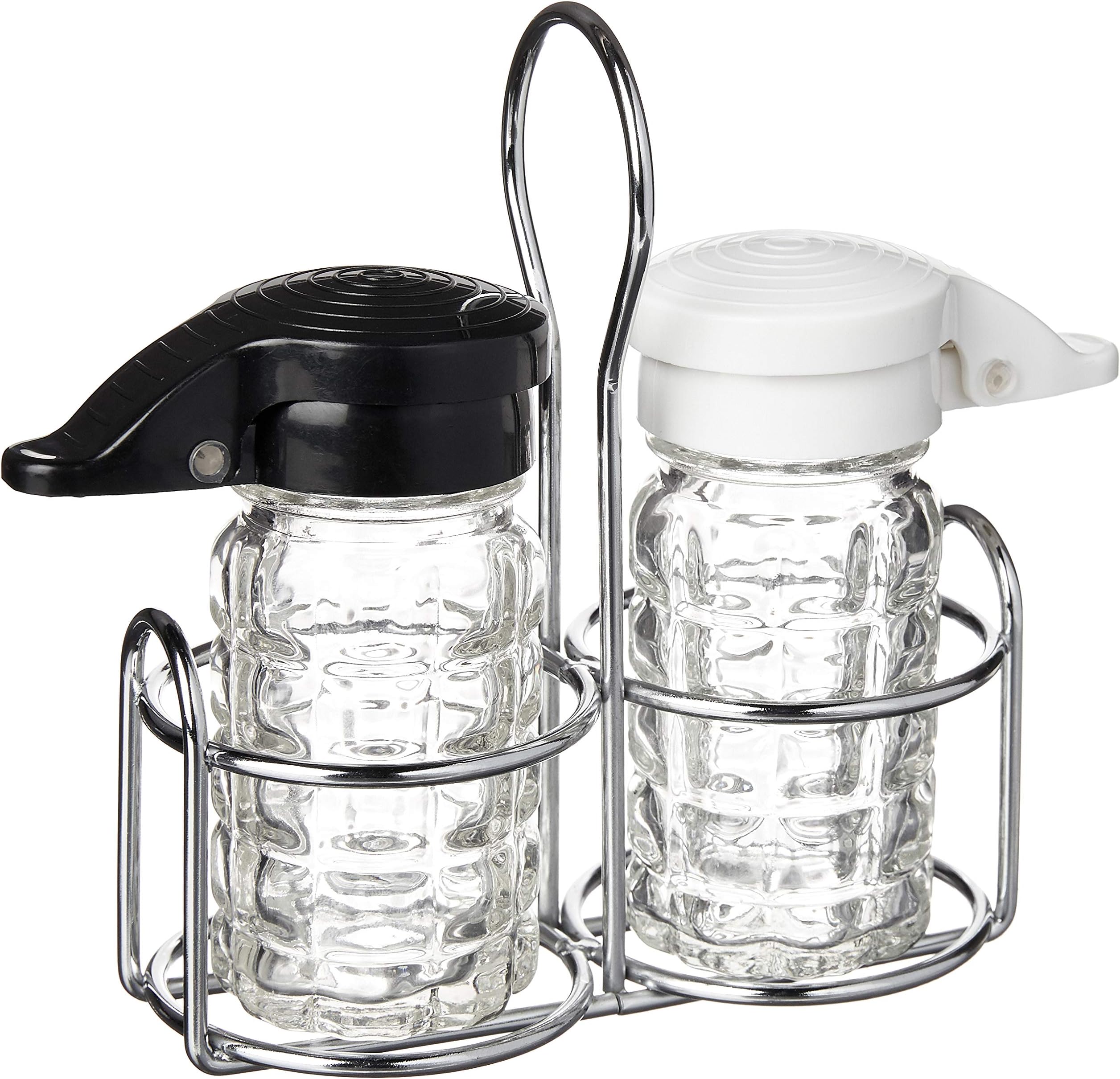 Shake It Free Shaker - 1.5 Oz. Moisture Proof Humidity Free Glass Salt and Pepper Shakers with Metal Caddy by Tumbler Home
