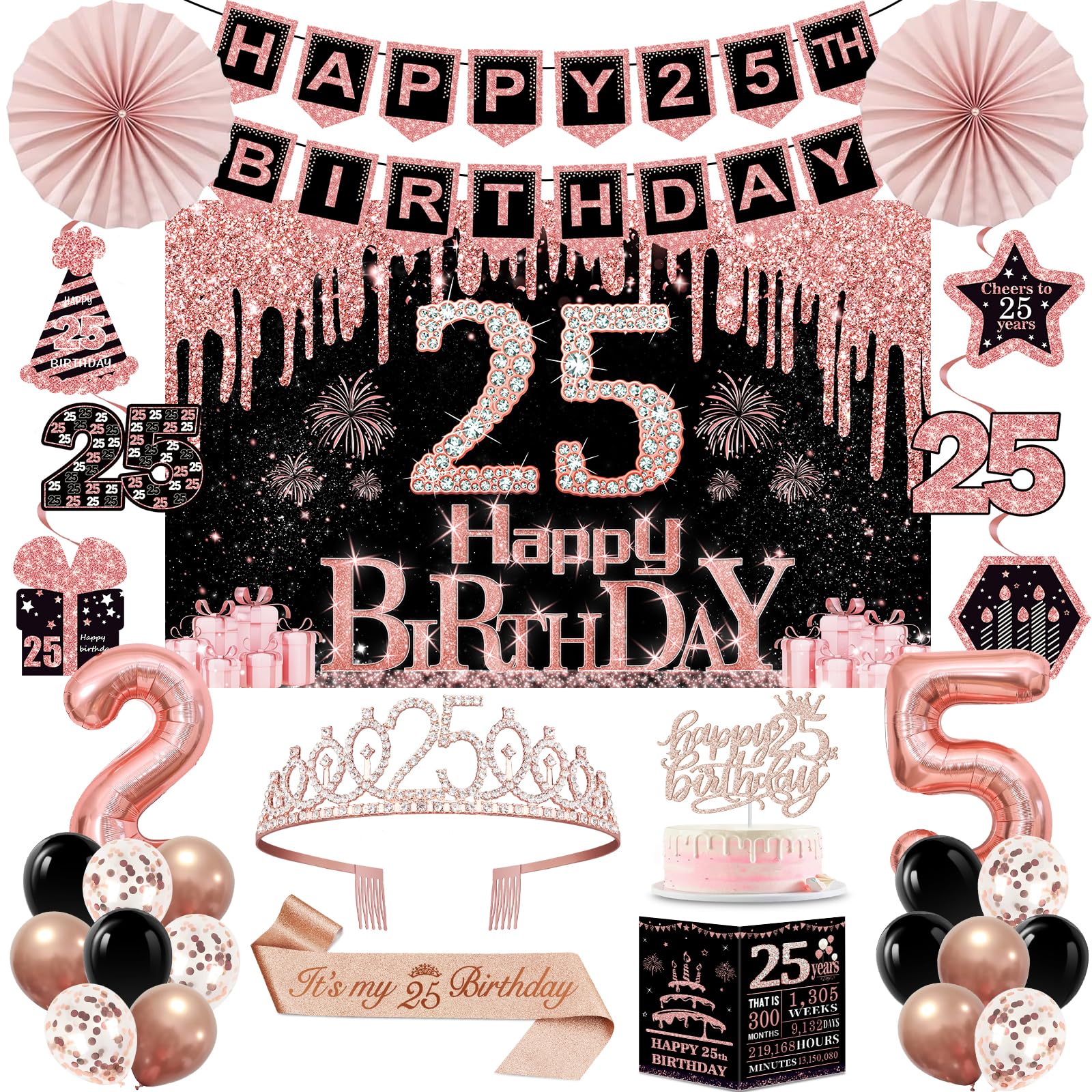 25th Birthday Decorations for Women,32pcs 25th Birthday Party Decorations, Including Backdrop, Crown, Sash, Banner, Hanging Swirl, Cake Topper, Balloons, Anniversary Card, Paper Fans โ image 1
