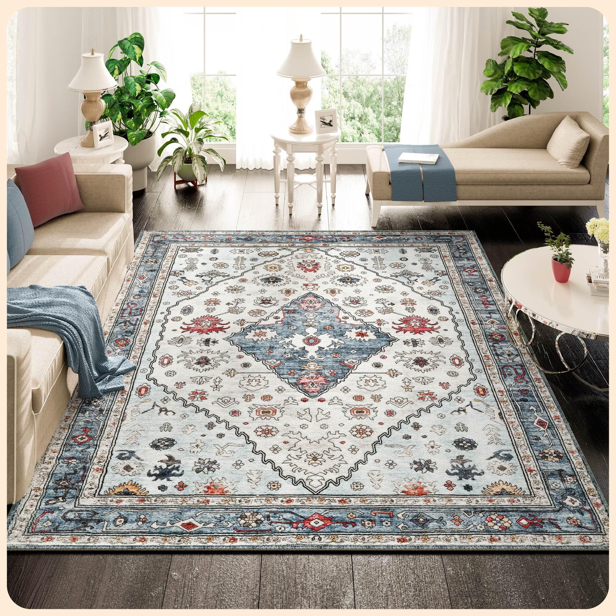 Photo 1 of Rugs 8x10 - Cream Blue Area Rug - Foldable Bedroom Area Rugs 8x10 - Stain Resistant 8x10 Area Rugs - Washable Rug 8x10-8 x 10 Area Rugs for Living Room - Eco-Friendly Area Carpet 8X10 Sky Blue