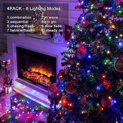 Miniatura 2 de Paquete de 4 tiras de luces de Navidad a batería, 50 luces LED, batería de 16.5 pies, color verde oscuro, temporizador automático, 8 modos de