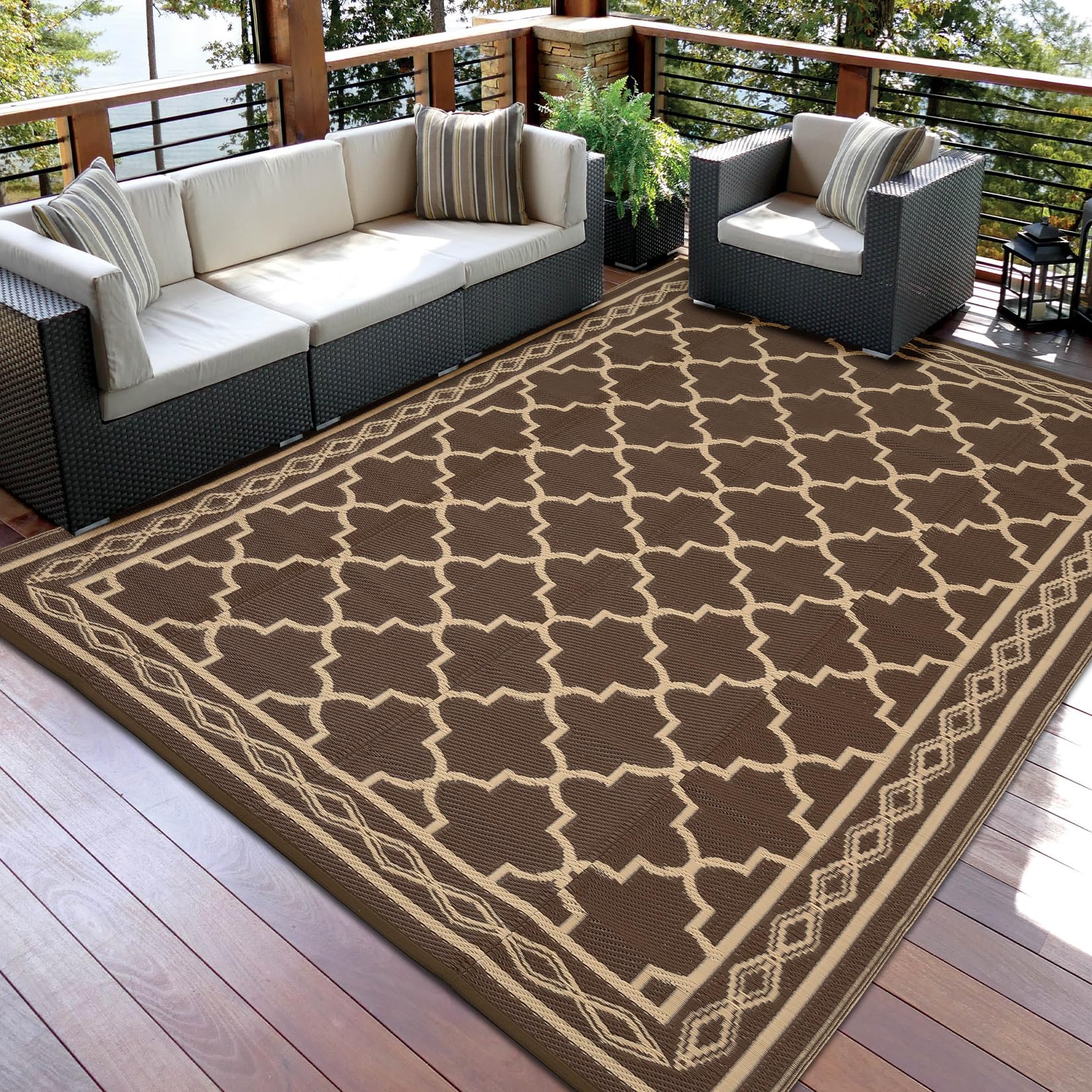 Garvee Large 10x20 Patio Outdoor Rug, Reversible RV Camping Mat Waterproof Plastic Straw Carpet for Deck Backyard Balcony, Easy Clean & Portable,Brown