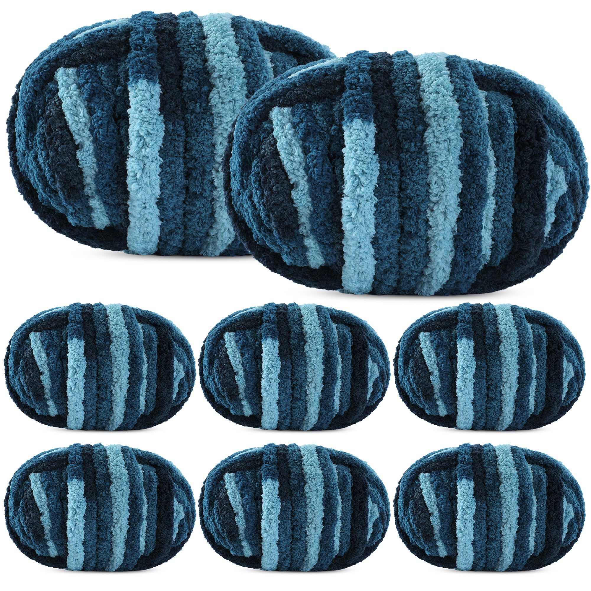 MABOZOO Mixed Color Chunky Chenille Yarn, 27 yds 8 oz Bulky Fluffy Chunky Plush Yarn for Home Décor Projects, Hand Knitting, Arm Knitting (8Pcs, Blue, Dark Blue)