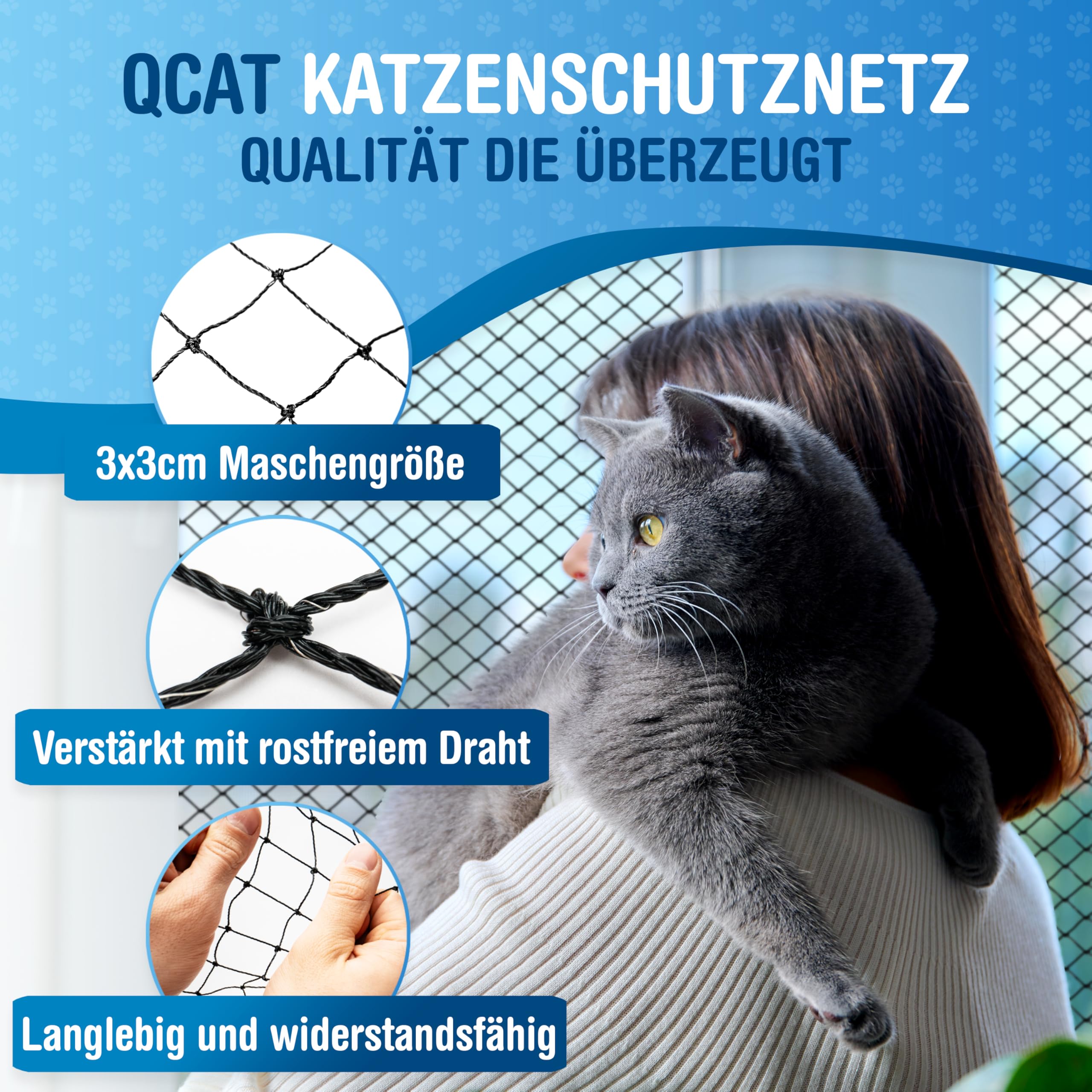 QCAT - Rete per gatti 7 in 1 per balcone [extra rinforzato] | universale, senza foratura, adattabile | rete per balconi, finestre (6 x 3 m, nero)