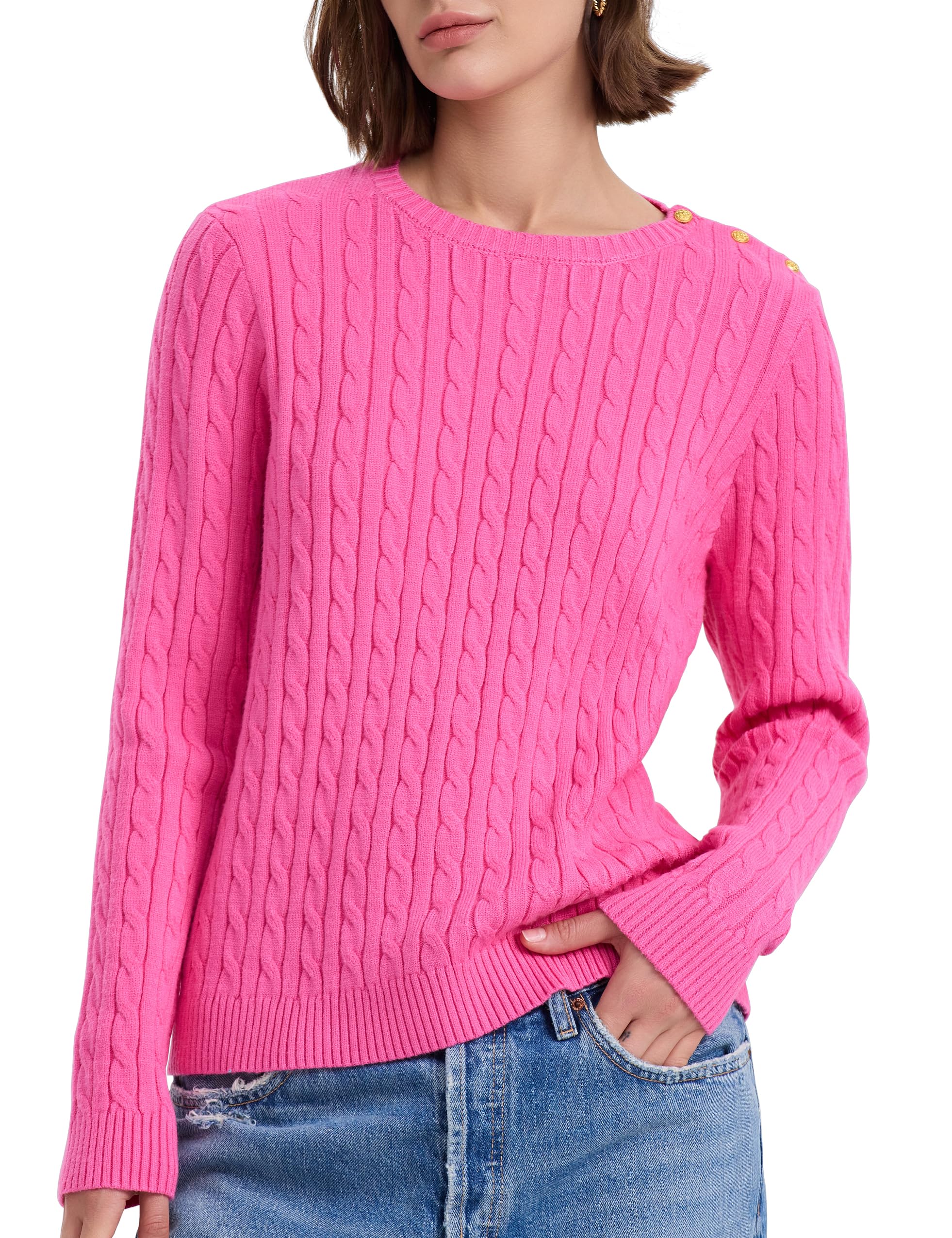PrettyGuide Womens Cable Knit Sweater Long Sleeve Crewneck Button Shoulder Casual Pullover Sweaters Tops