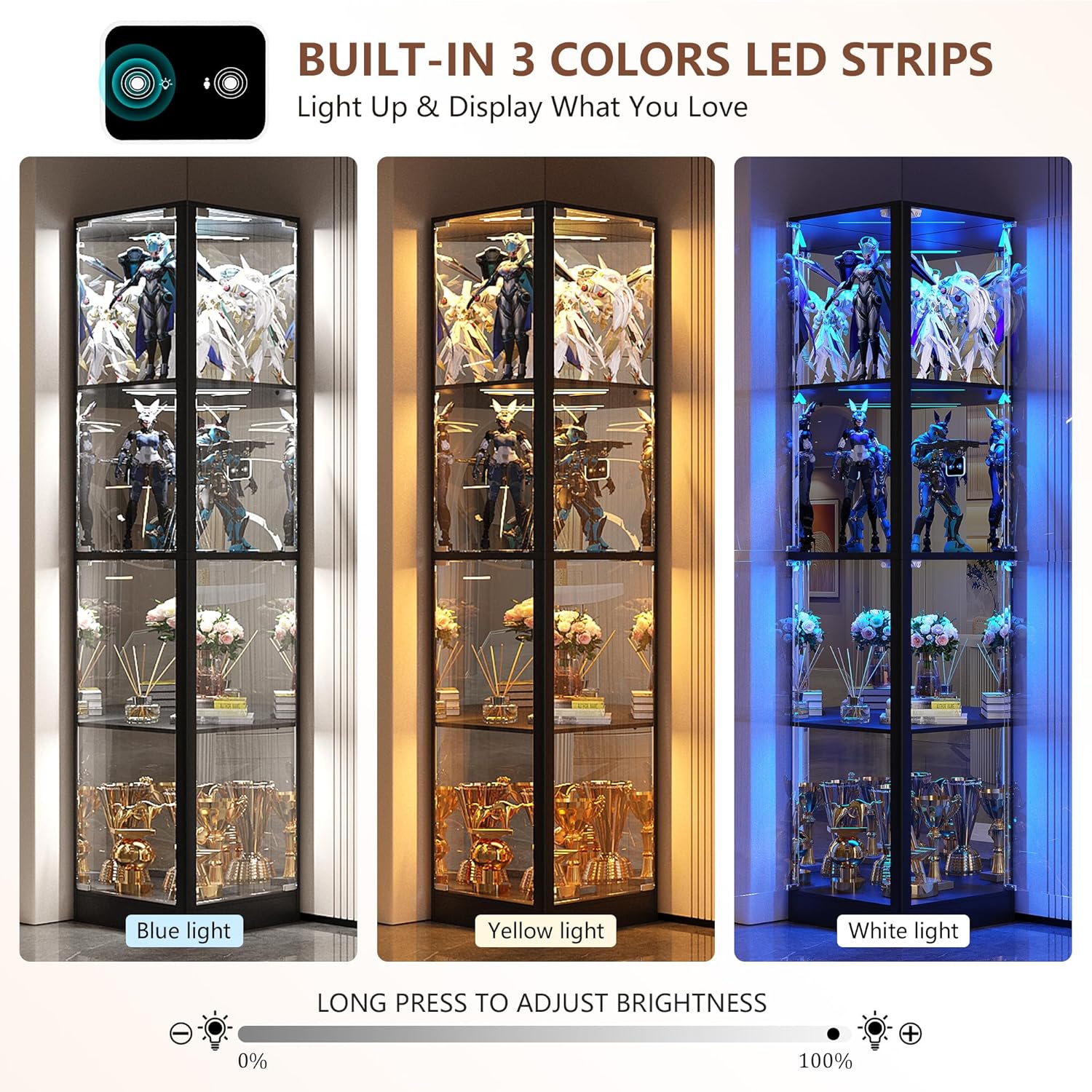 Display Cabinet with Glass Doors, 68" Corner Curio Cabinets with LED Lights, 4-Tier Glass Display Case for Collectibles/Toys/Books, Mirrored Storage Cabinet, Black