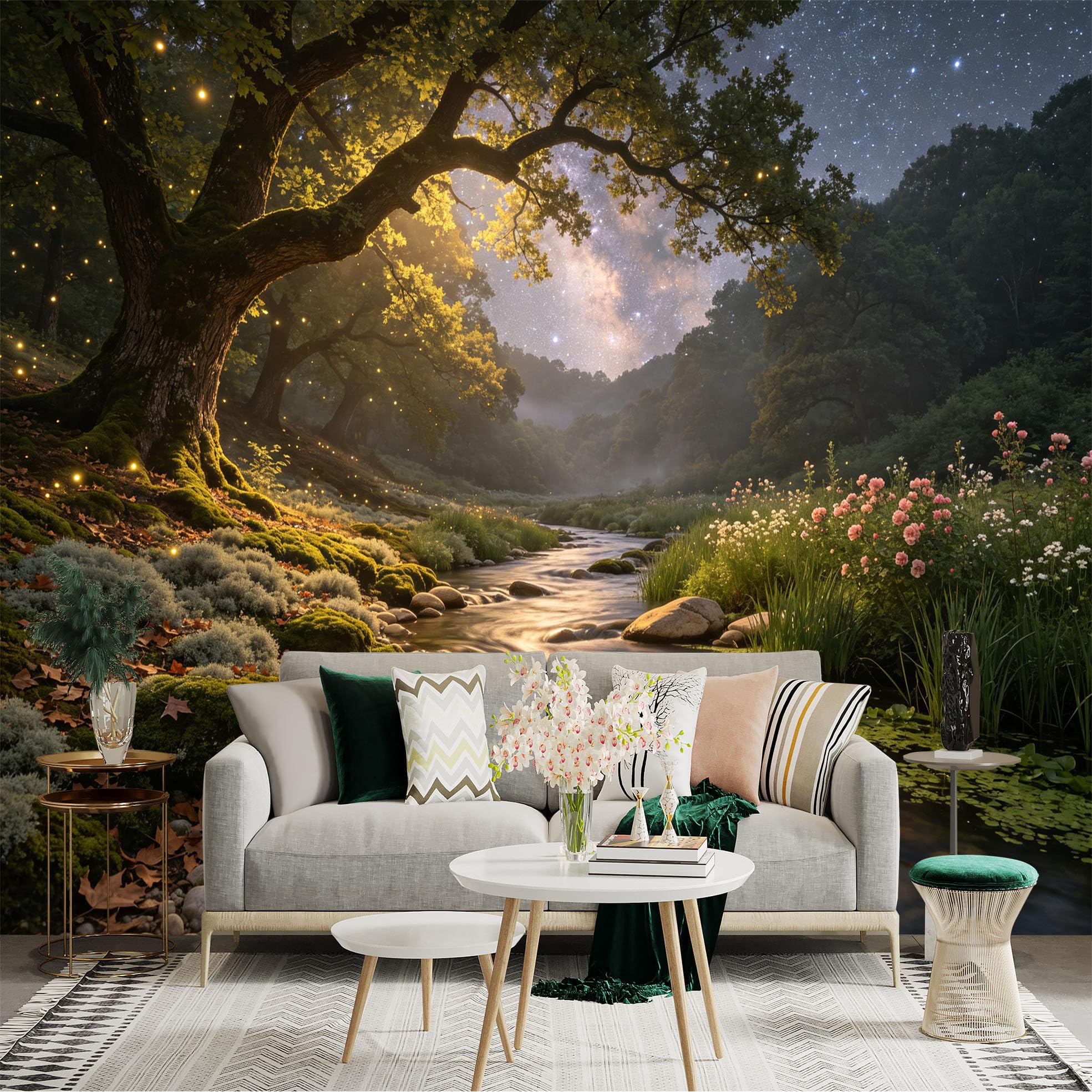 Lnzczhyre Bh260719728 Custom Size Wall Sticker Mural， Enchanted Forest Stream With Glowing Fireflies， Milky Way Galaxy Night Sky， Serene Woodland Scenery， For Wall Decoration， Peelandstick Wall Decals.