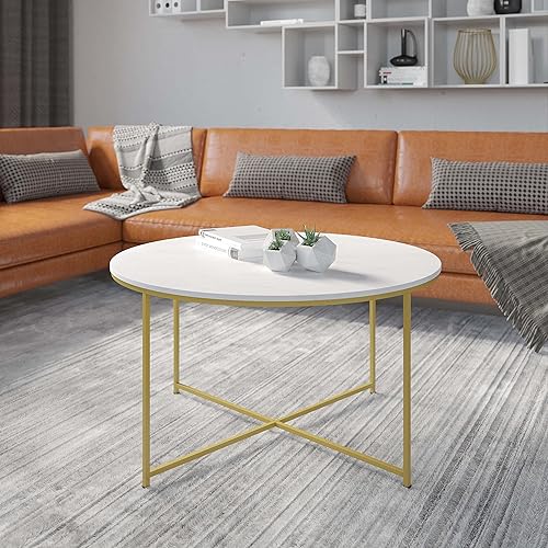 Flash Furniture Hampstead Collection Coffee Table - Modern White Marble Finish Coffee Table - Crisscross Matte Gold Frame