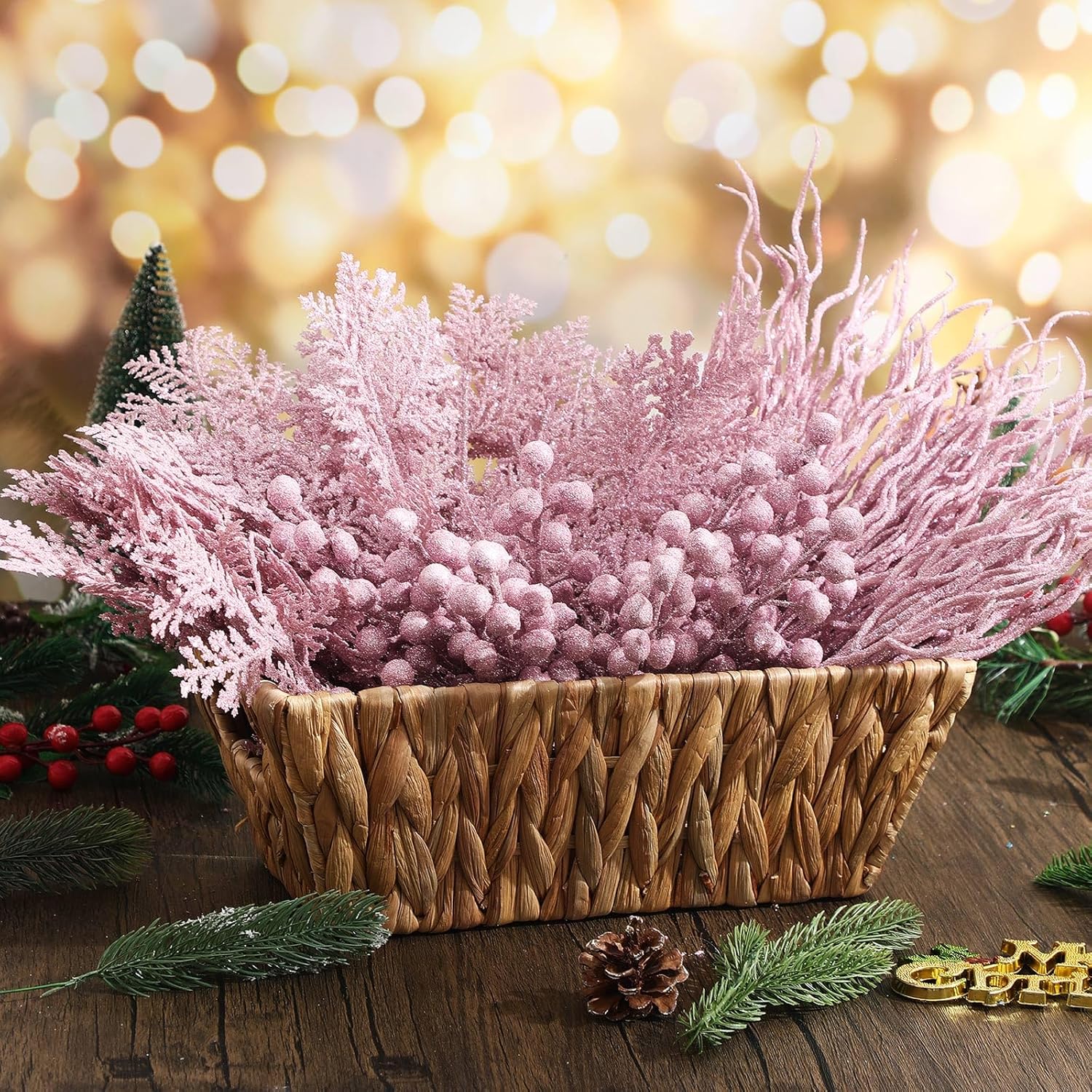 75 Pcs Christmas Glitter Branches 3 Styles Artificial Christmas Picks Berries Stems Pine Needles Floral Twig Spray for Xmas Tree Ornaments DIY Wreath Garland(Light Pink)