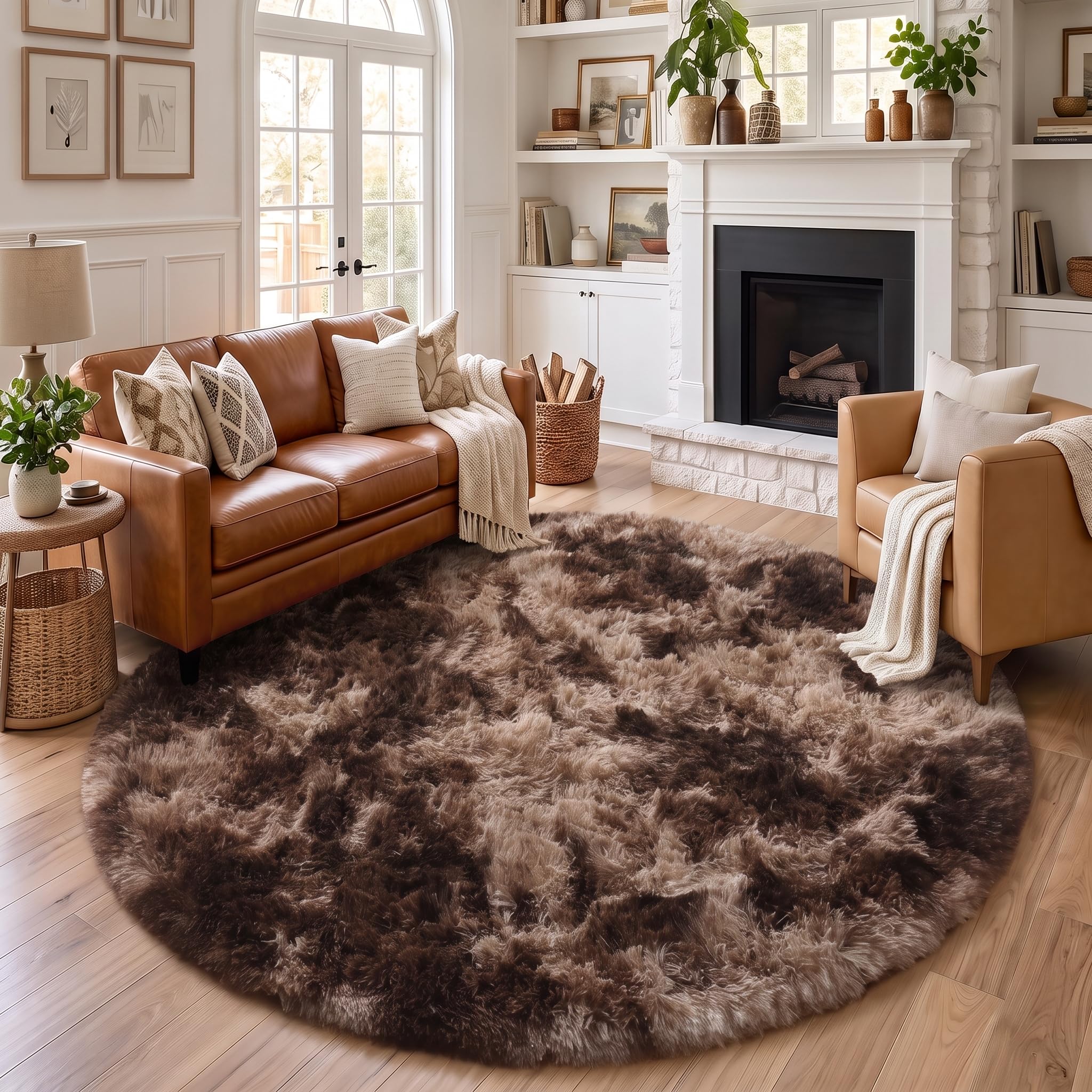 Amdrebio Brown Tan Round Fluffy Kids Area Rug 5Ft for Bedroom Living Room — image 1
