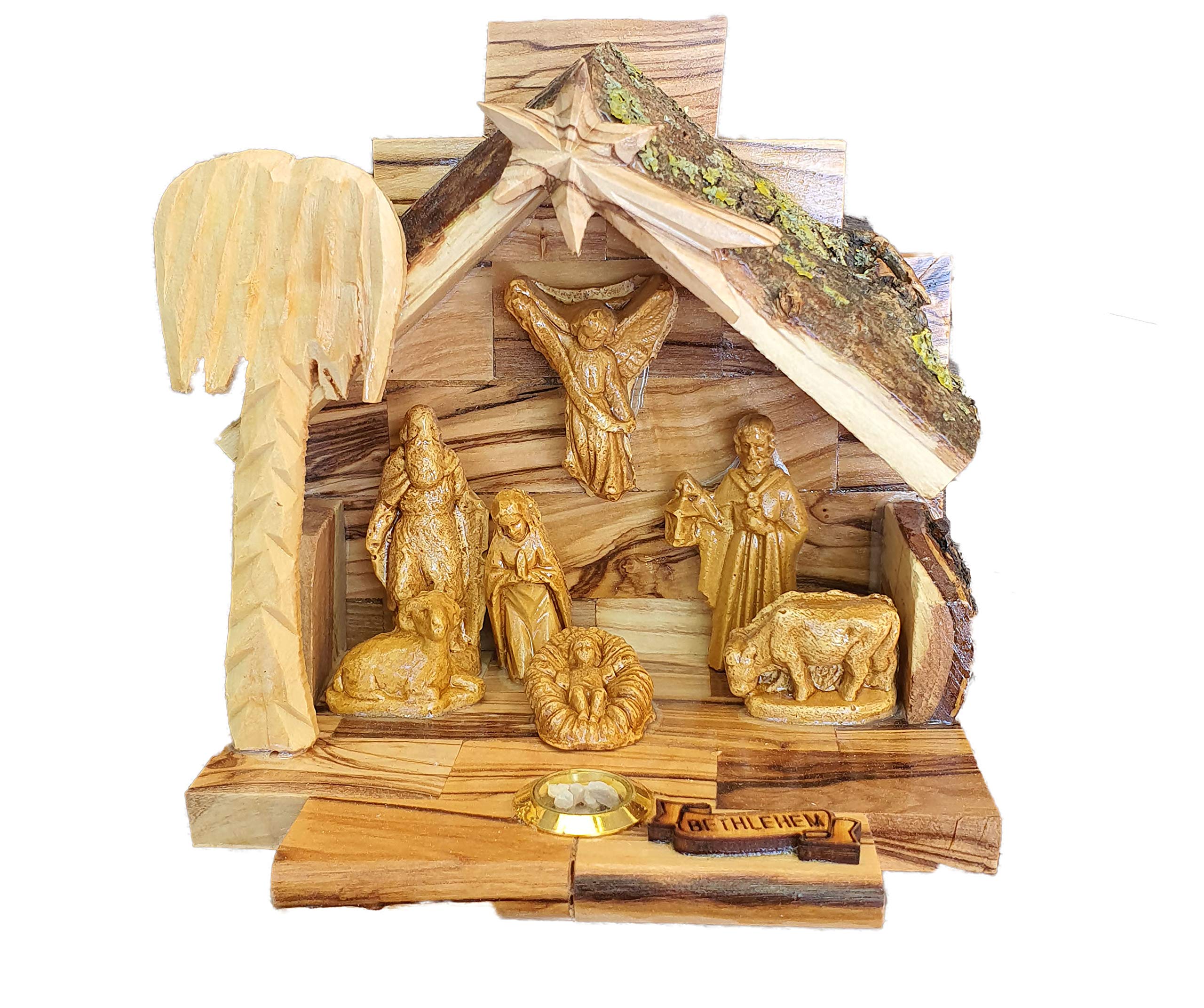 Carved from Bethlehem Olive Wood Christmas Nativity Story Set with Stable (Alabaster Set)