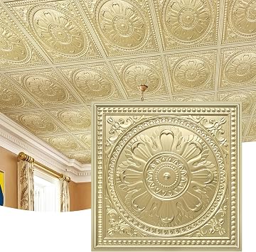 STICKGOO Drop Ceiling Tiles 24"x24", PVC Panels Waterproof Reusable, Covers 48 Sq.Ft., Baroque Decorative Ceiling Tiles for Home & Commercial Use Pack of 12, Champagne Gold