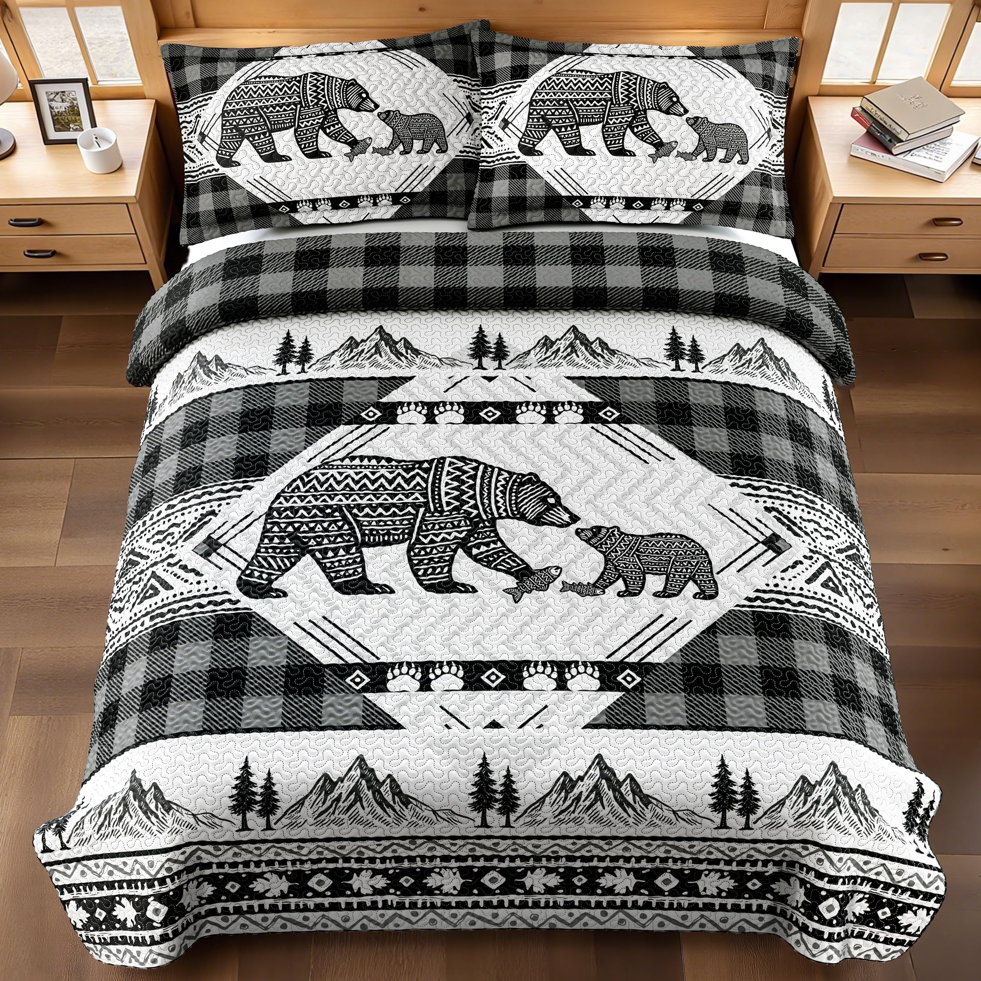 3 Piece Cabin Full/Queen Quilt Sets Farmhouse Rustic Reversible Microfiber Soft Lightweight Bedspread Comforter with 2 Shams Patchwork Country Lodge Bedding Quilts Set for All Season, 90''x96'' , Grey