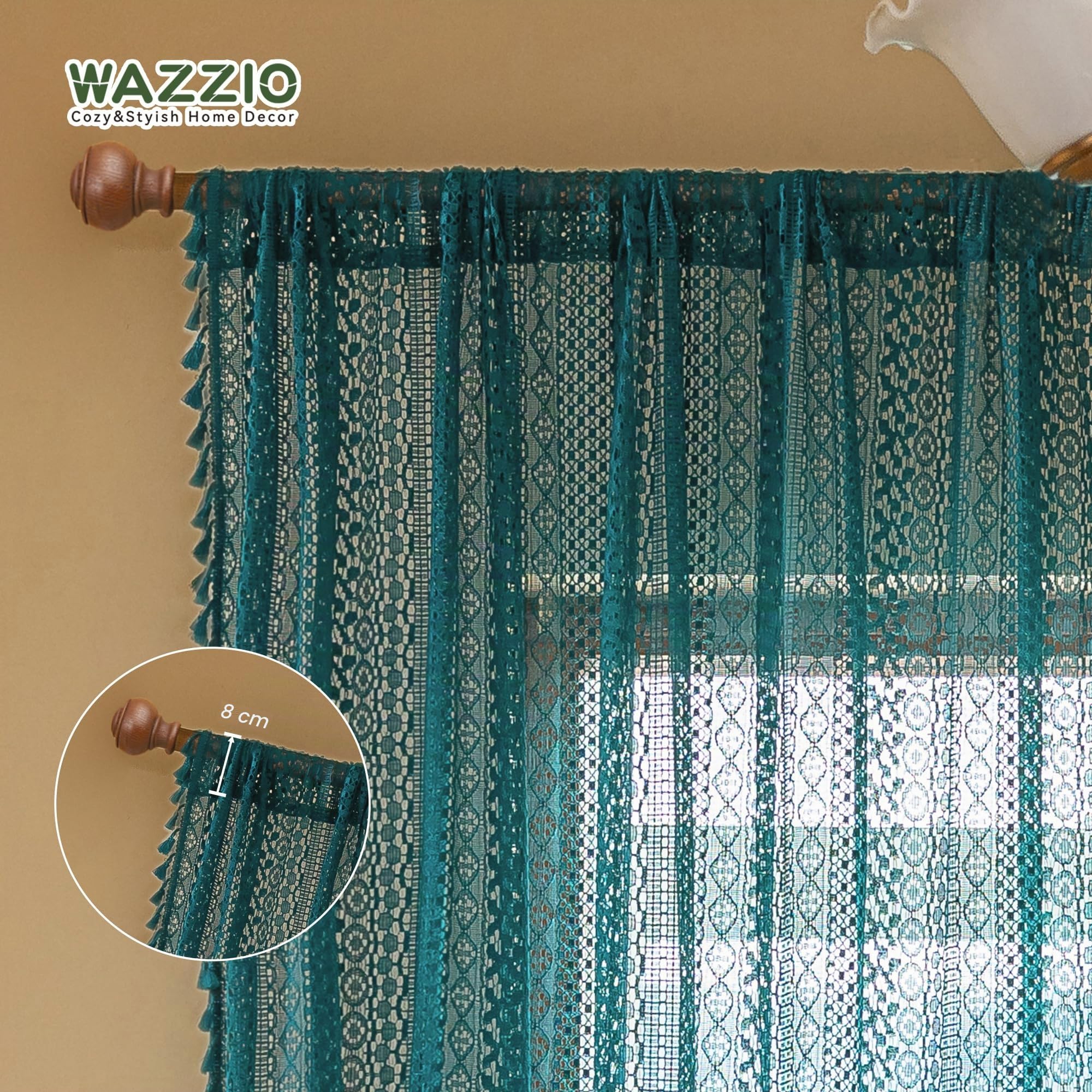 WAZZIO Durchsichtige Vorhänge, Boho-Baumwolle, Häkelspitzen-Vorhänge mit Quastenstangentasche, halbtransparent, lichtfilternd, für Schlafzimmer, Wohnzimmer, 2 Paneele, Türkis