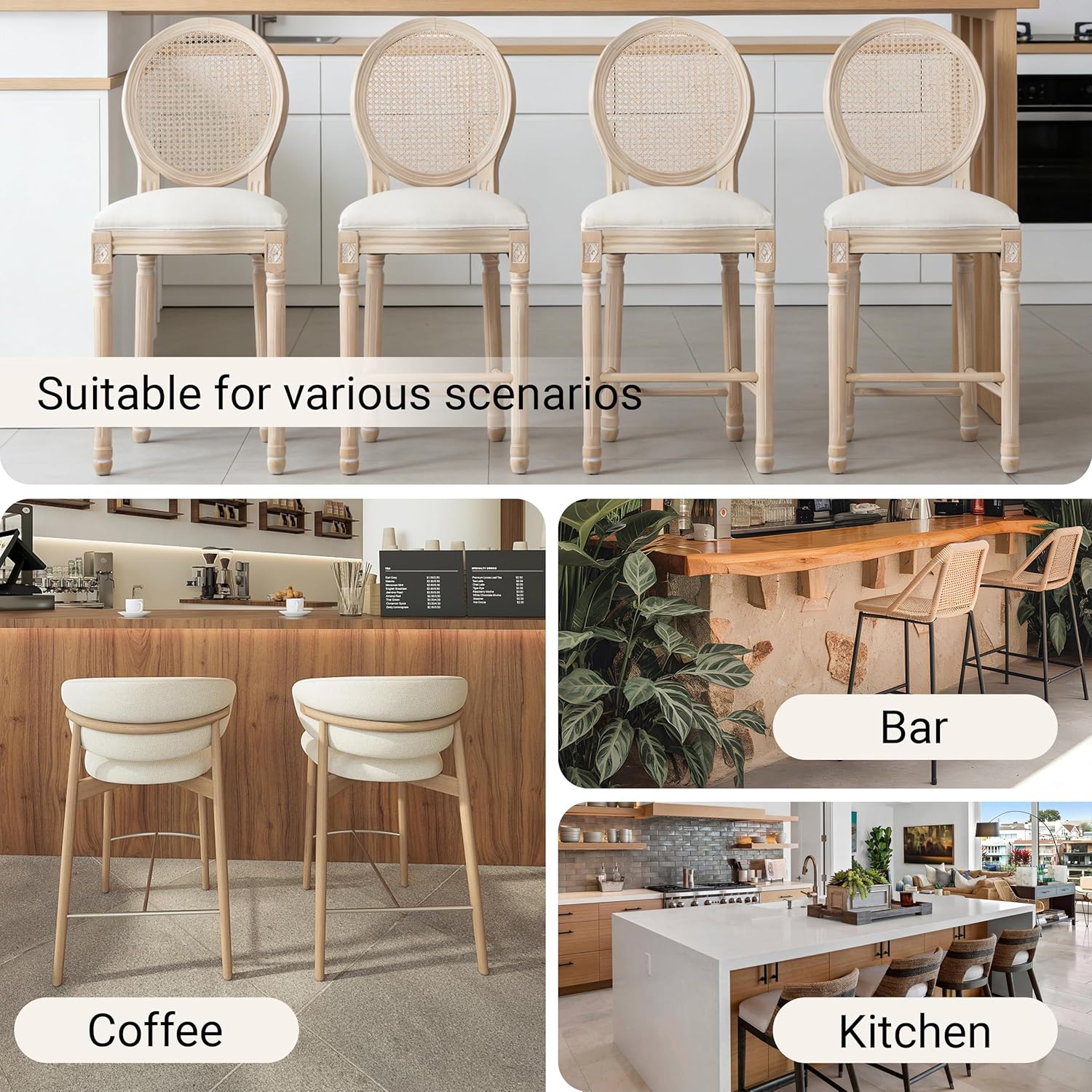 French Country Barstool Set of 4, Linen Farmhouse Counter Height Chair with Round Back and Solid Wood Legs, Oval Chairs for Bar, Kitchen, Restaurant