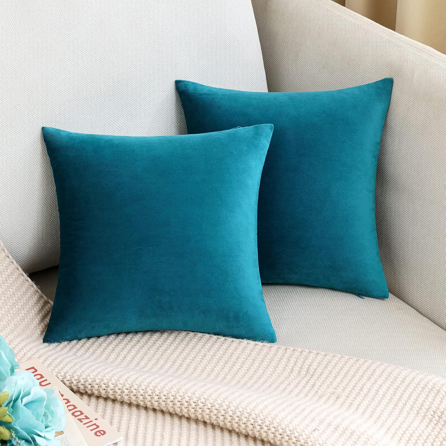 MIULEE Pack of 2 Teal Velvet Throw Pillow Covers 14x14 Inch