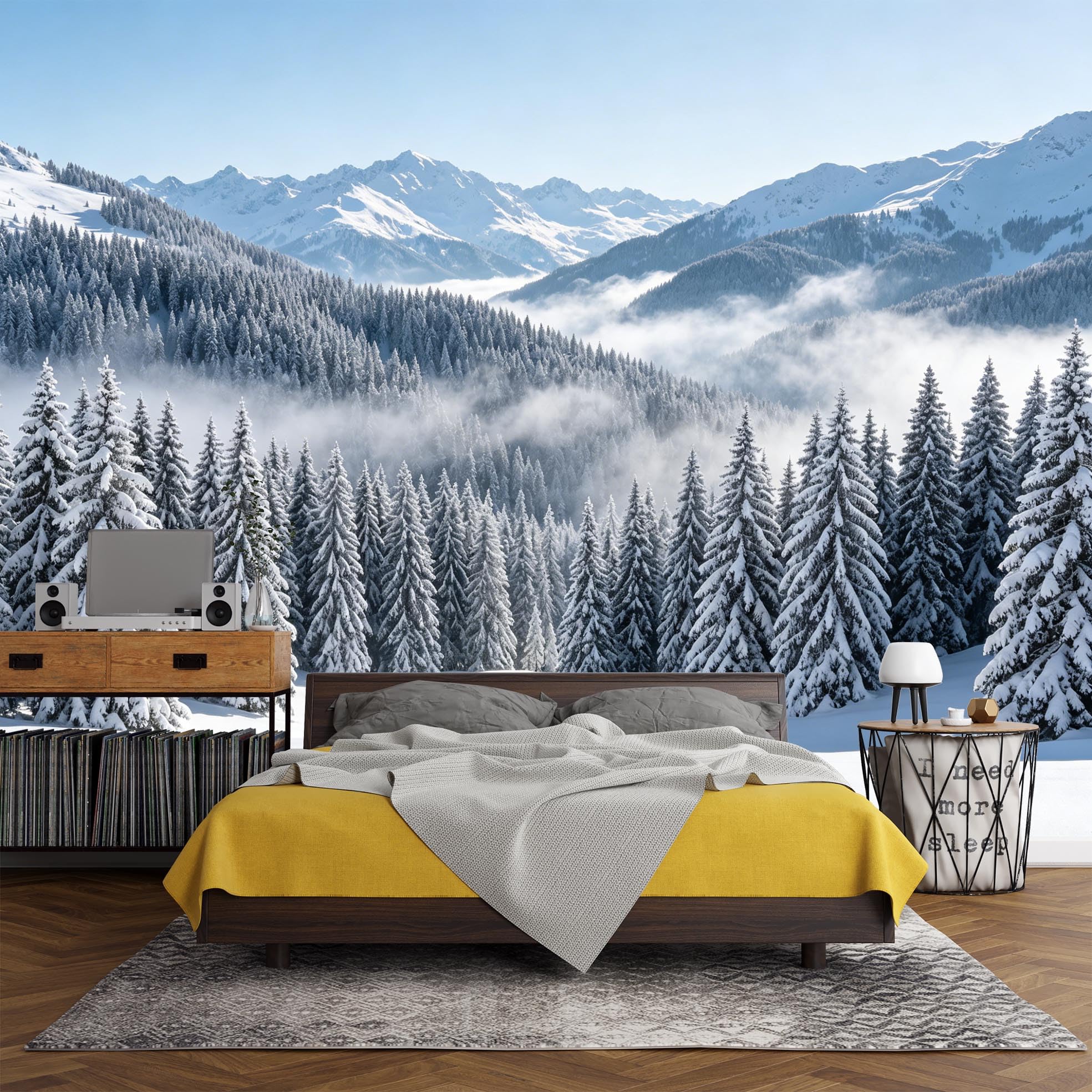 Papier peint mural forêt enneigée pour chambre et salon cocooning