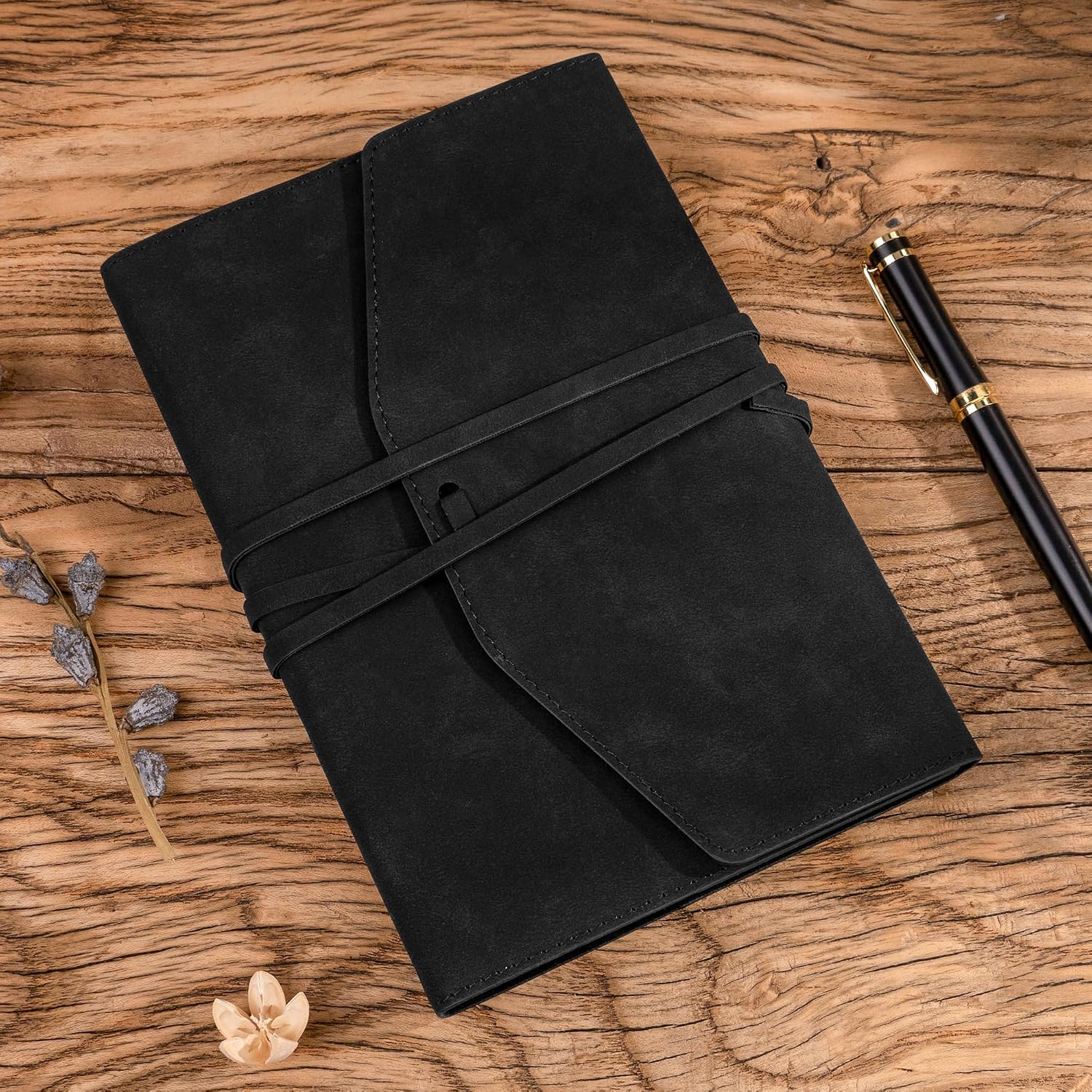 CAGIE Diary for Adults, Leather Notebook Blank A5 Vintage Leather Book Kraft Paper 160 Pages Soft Cover Junk Journal for Writing Travel Sketching Scrapbooking Black A-Black