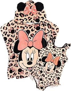Minnie Mouse - Conjunto de traje de baño y poncho de toalla con capucha para niña, talla única, traje de baño para niños, toalla de baño infantil con orejas 3D, regalo rosa