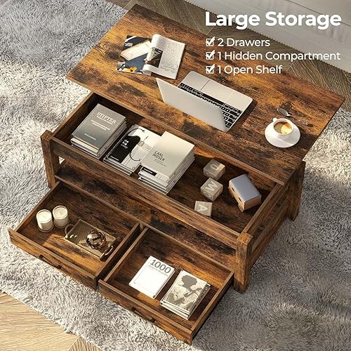 Miniatura 5 de Rolanstar - Mesa auxiliar, mesa de centro con cajones y compartimento oculto, mesa central retro con tablero de elevación de madera, para sala de