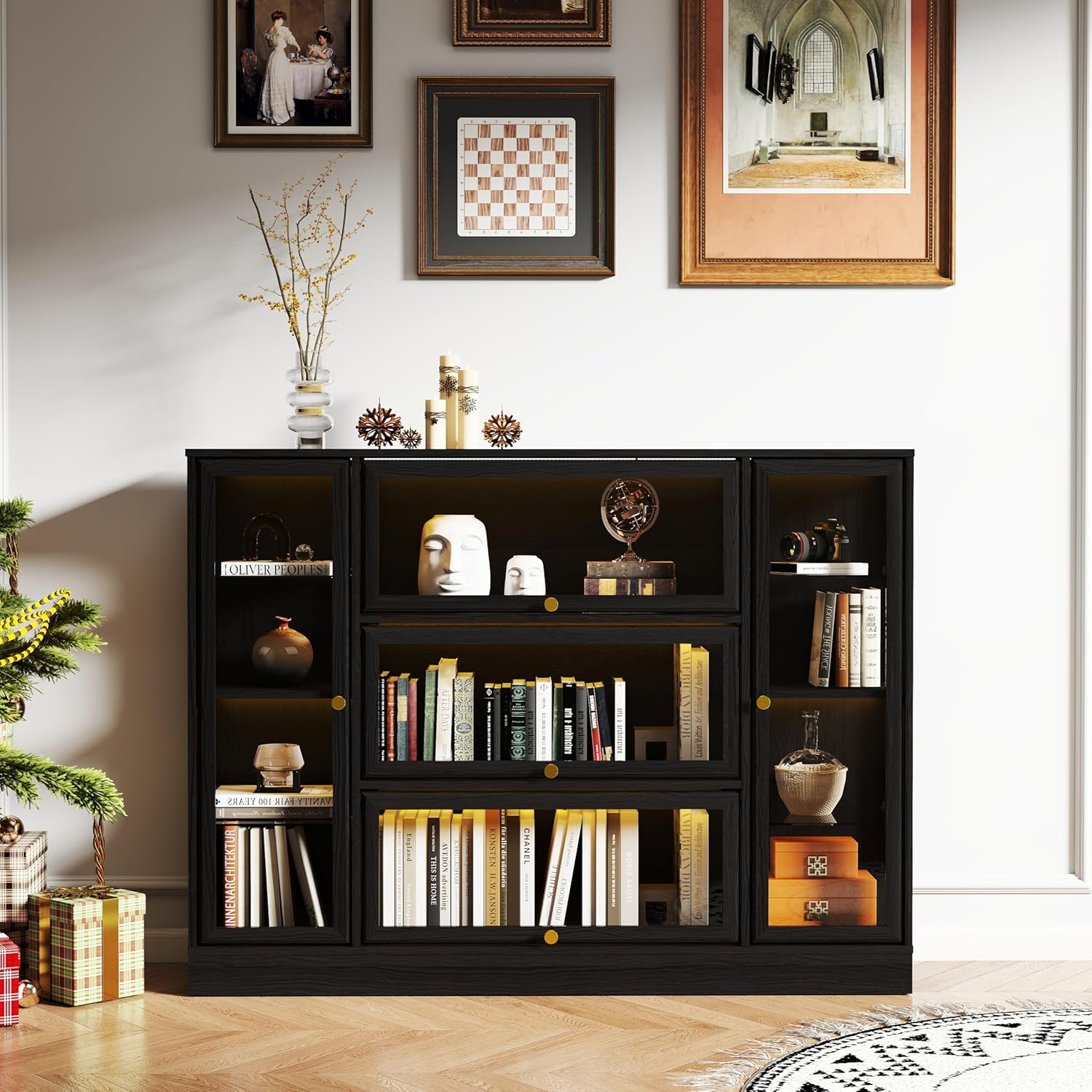 Display Cabinet with Acrylic Glass Doors,Extra Wide Curio Cabinet with LED Lighting for Collectibles, Collectibles Toy Organizers Rack & Display Shelf Display Case, Black Black 56" W x 42" H