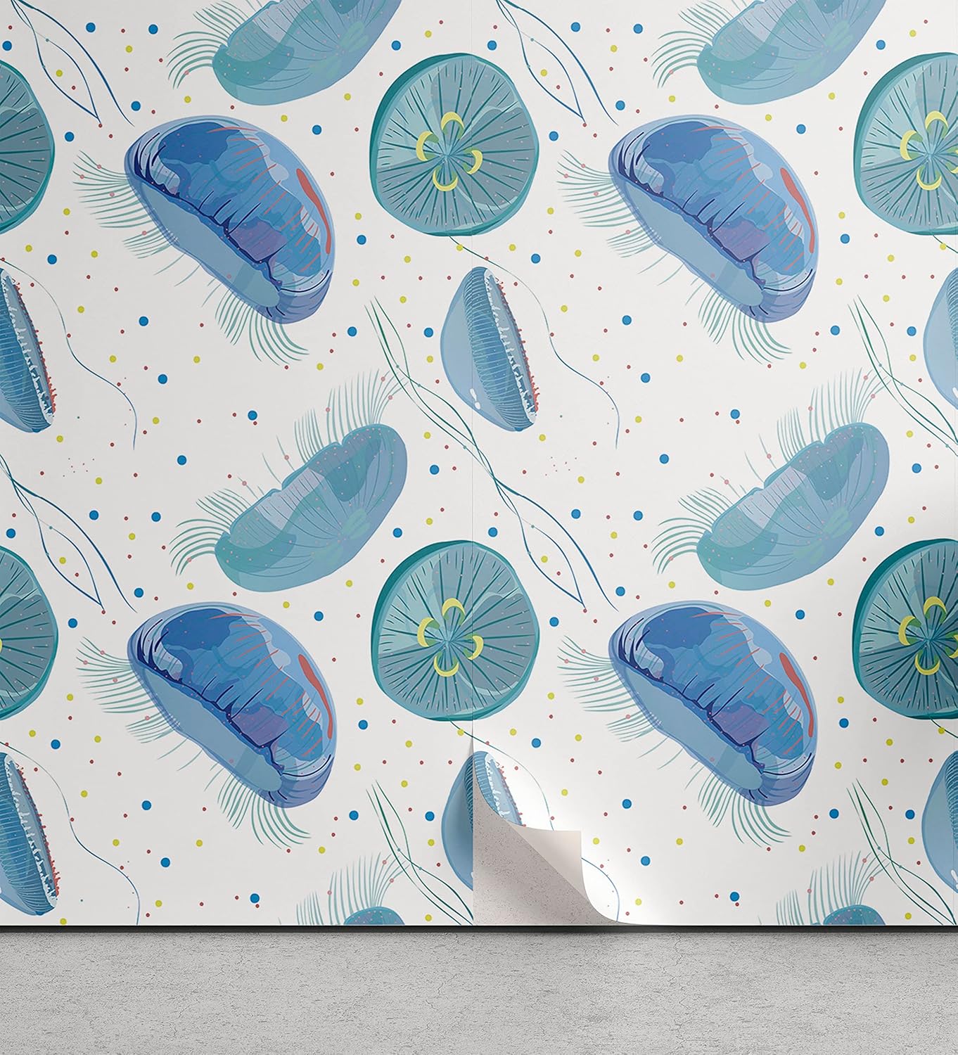 Lunarable Nautical Peel & Stick Wallpaper for Home, Jellyfish Pattern with Spotted Background Ocean Creatures Ornamental Sea Life, Self-Adhesive Living Room Kitchen Accent, 13 x 36, Cadet Blue White