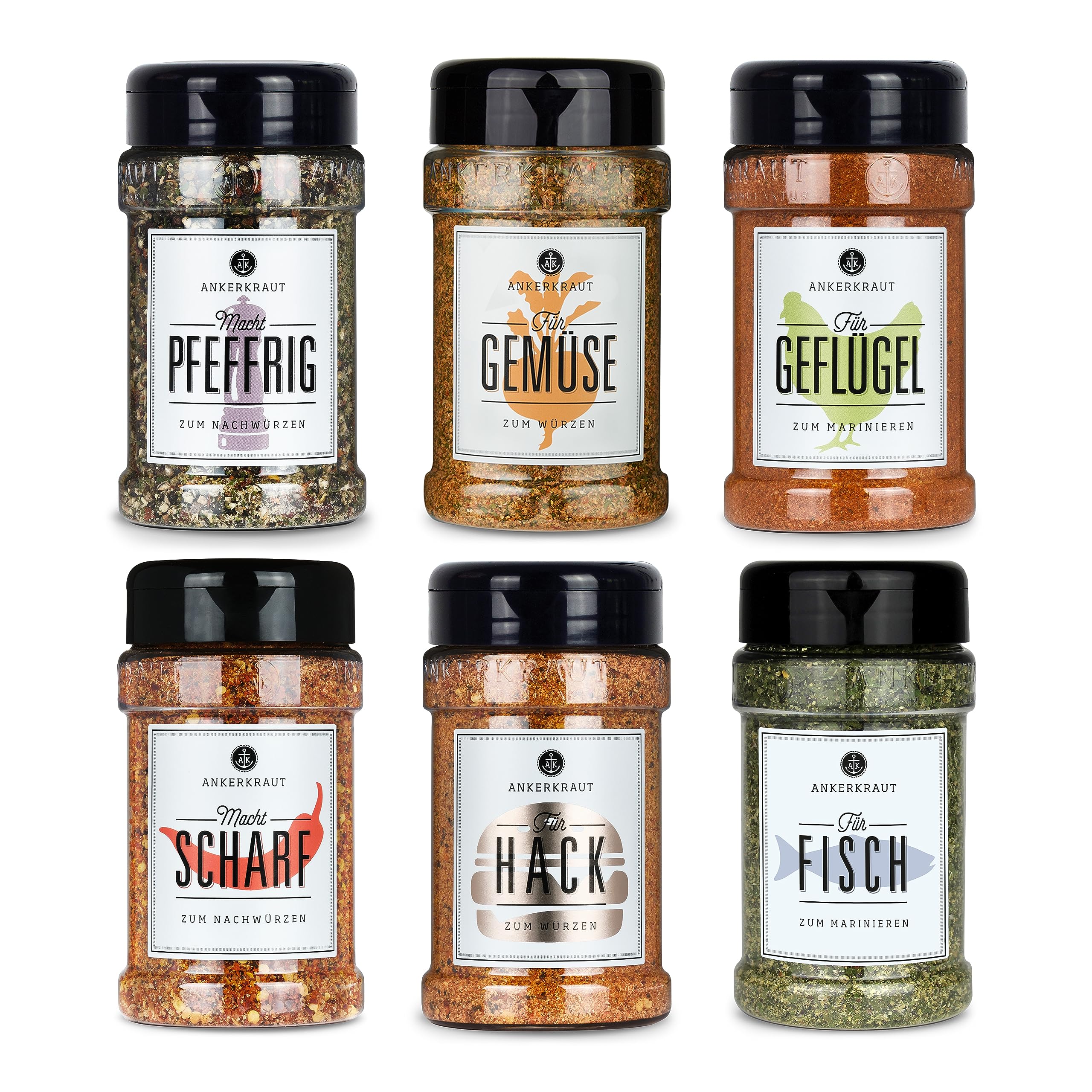 Ankerkraut 'Einfach kochen' Set, 6 Gewürz Streuer im Bundle, für Geflügel, Fisch, Hack, Gemüse, Scharf und Pfeffer, 1225 g Gewürze für Alles