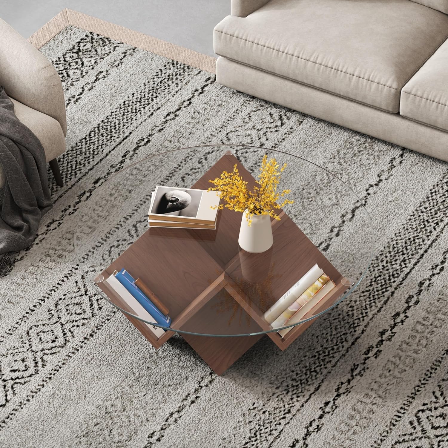 Modern Glass Coffee Table, Small Mid Century Coffee Table, Stylish Round Tea Tables Suitable for Bedroom, Living Room, Reception, Office, Walnut, 35.4"