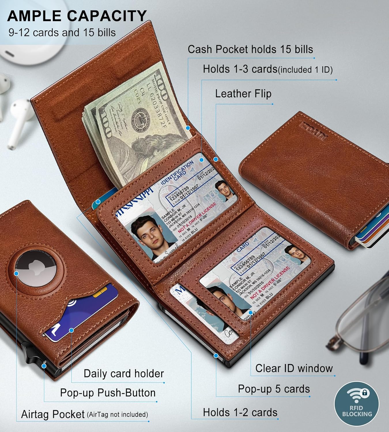 Airtag Wallet for Men,with Cash Pocket 2 ID Window 9-12 Cards,Metal Case Smart Slim Pop Up Credit Card Holder Flip with Magnetic Closure RFID Blocking Trifold wallet with Gift Box - Image 2