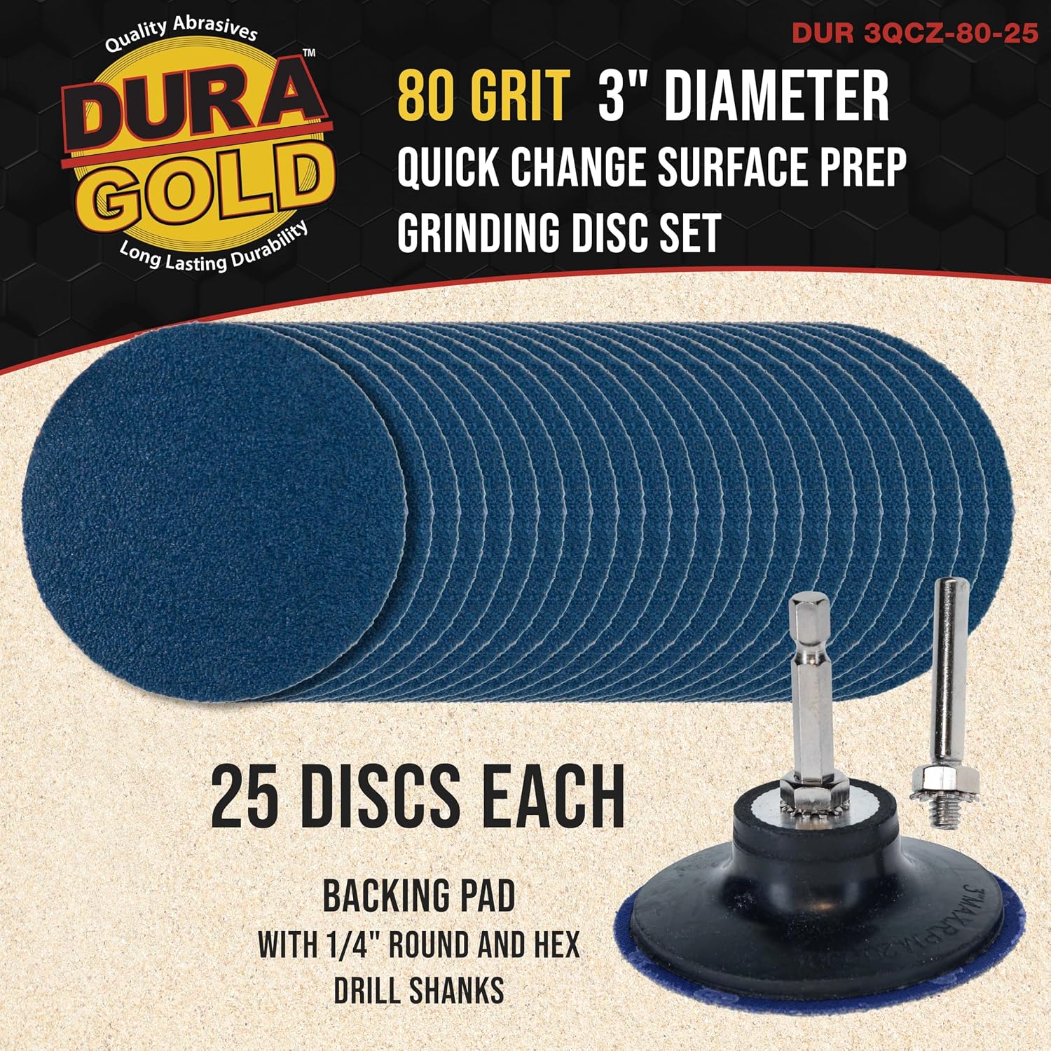 Dura-Gold 3 Inch Grinding Discs, 80 Grit (25 Disc Set) with R-Type Adapter & Backing Pad - Quick Change Zirconia Coarse Cut Sanding Discs for Auto, Wood, Metal, Rust, Oxidation, Welds