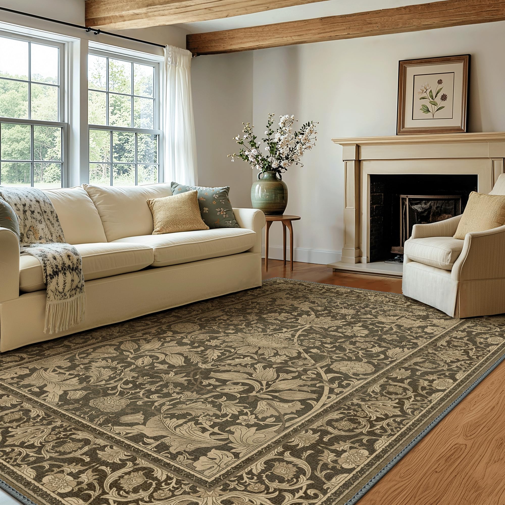 Bavni Washable Rugs 8x10, Vintage Style Rugs for Living Room Dining Room, Low Pile Lightweight Non Slip Thin Bedroom Rug, Aesthetic Floral Print Design Home Decor Elegant Black Gold Rectangle Area Rug