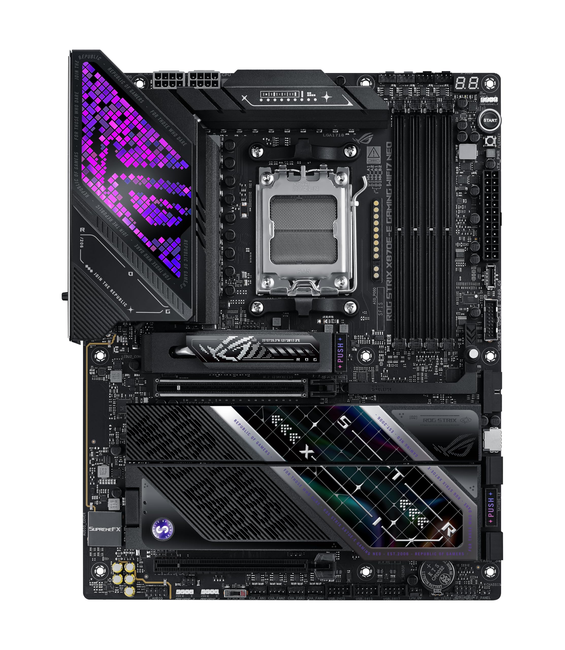 ASUS ROG Strix X870E-E Gaming WIFI7 NEO, placa base AMD ATX, 18+2+2 etapas de potencia, ranuras DDR5, cinco ranuras M.2, PCIe® 5.0 con soporte completo para GPU de próxima generación, Wi-Fi 7, USB 4